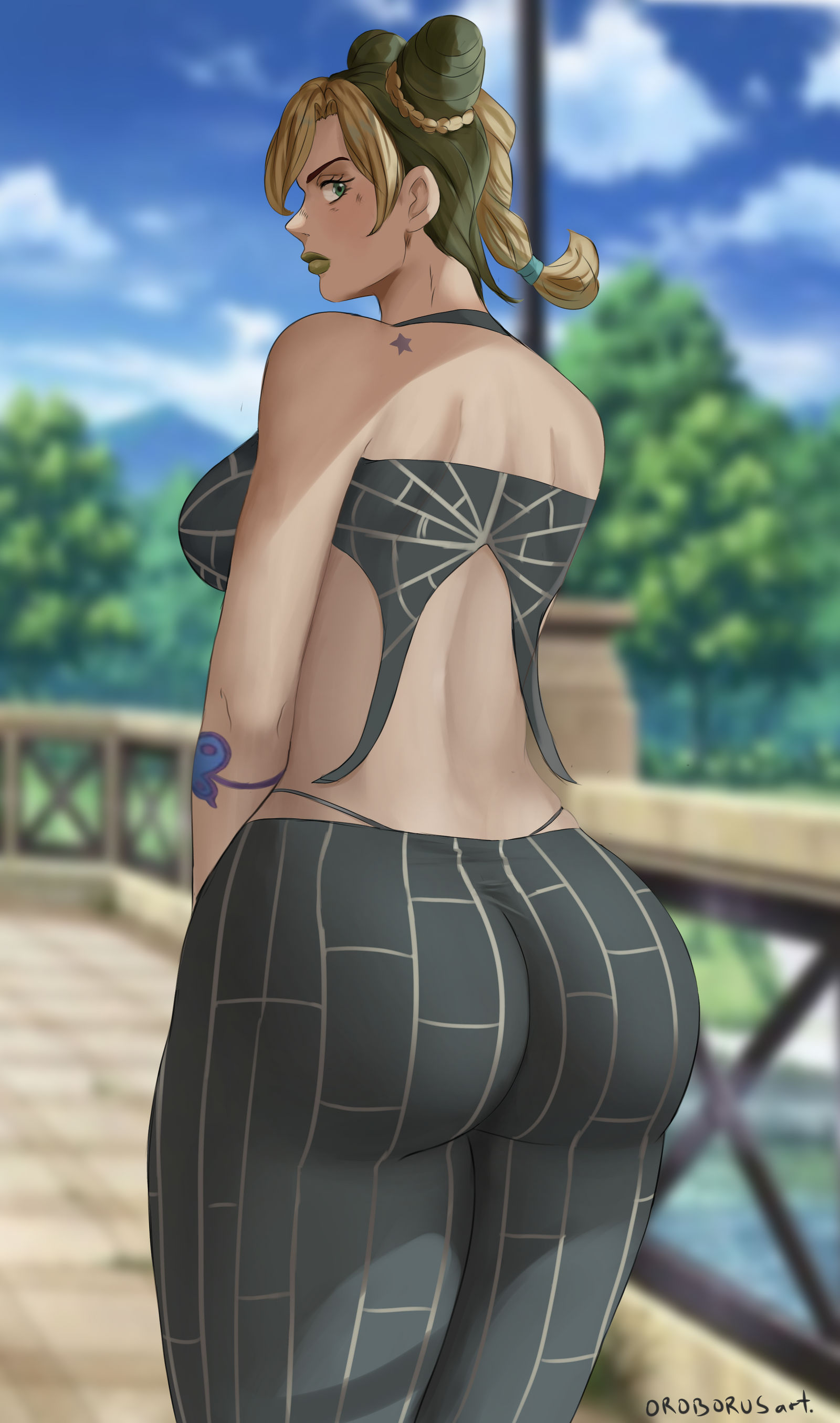 1girls, 2021, artist name, ass, big ass, big butt, braided hair, breasts, digital media (artwork), female, female only, fully clothed, green eyes, jojo's bizarre adventure, jolyne kujo, lipstick, looking back, medium hair, oroborusart, savagexthicc, sideboob, solo, standing, stone ocean, tattoo, thick thighs, thighs, thong, tight clothing, tight pants, yellow hair