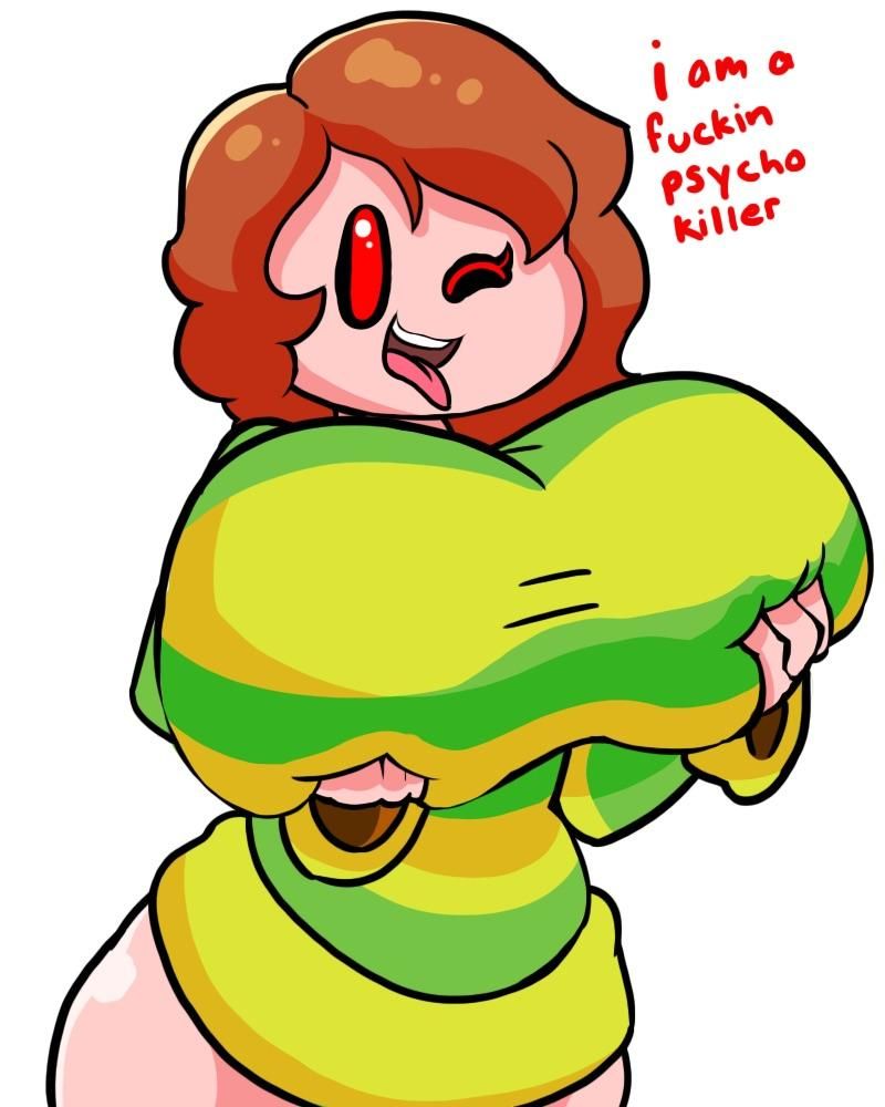 1girls, 2d, big breasts, breast grab, breasts, brown hair, chara, english text, female, female chara, female only, hand on breast, heart, huge breasts, human, human female, human only, looking at viewer, open mouth, red eyes, simple background, solo, solo female, solo focus, tagme, text, tongue, tongue out, undertale, undertale (series), voluptuous, white background, wink