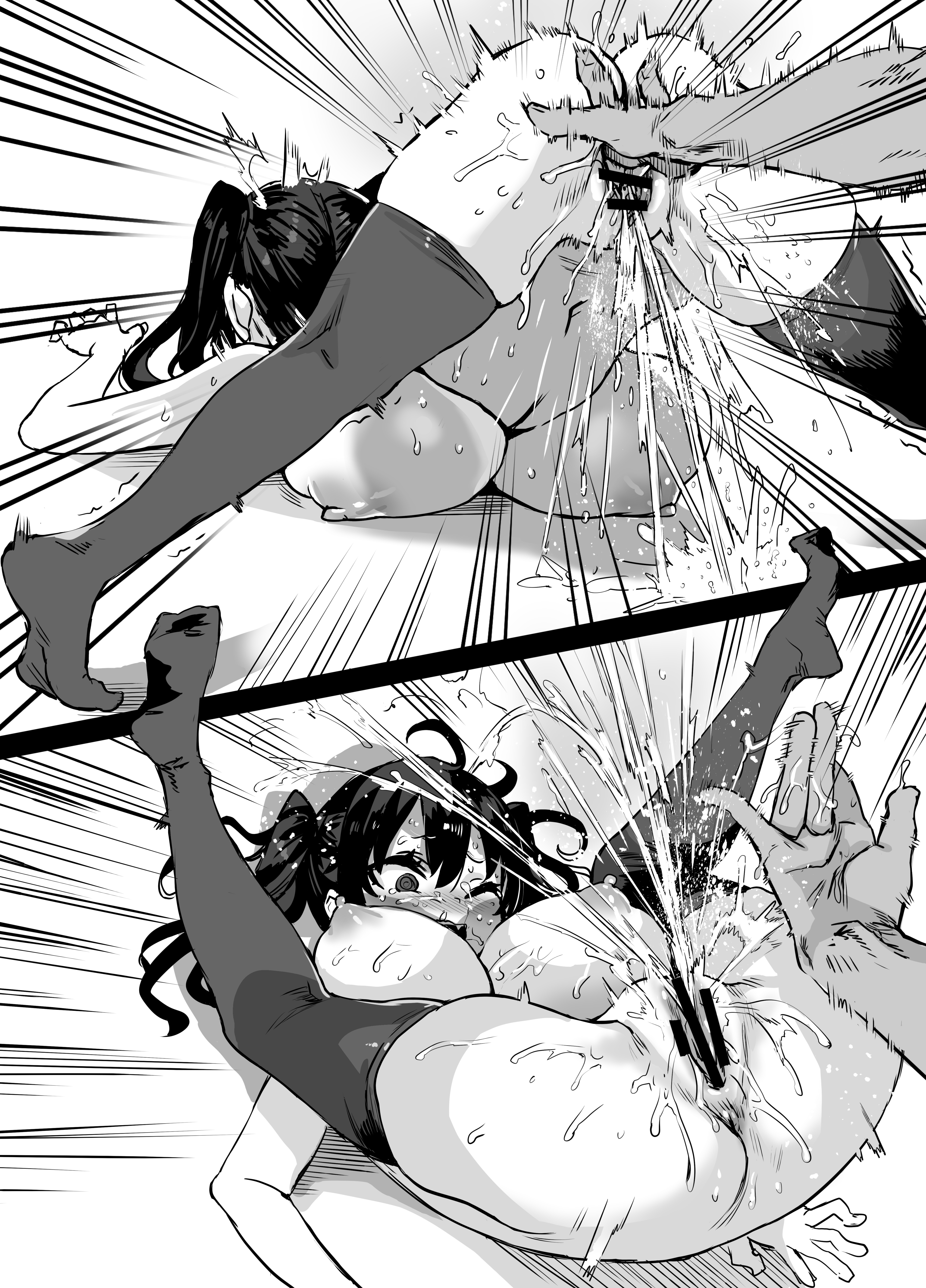 1boy, 1girls, 2koma, all fours, asanagi, big breasts, blush, breasts, censor bar, censored, censored pussy, comic, doggy style, excessive pussy juice, face down ass up, female, femsub, fingering, fingering from behind, fingering partner, fingering pussy, huge breasts, male, male out of frame, maledom, monochrome, naked, naked stockings, on back, orgasm, pussy, squirting, straight, textless, thighhighs