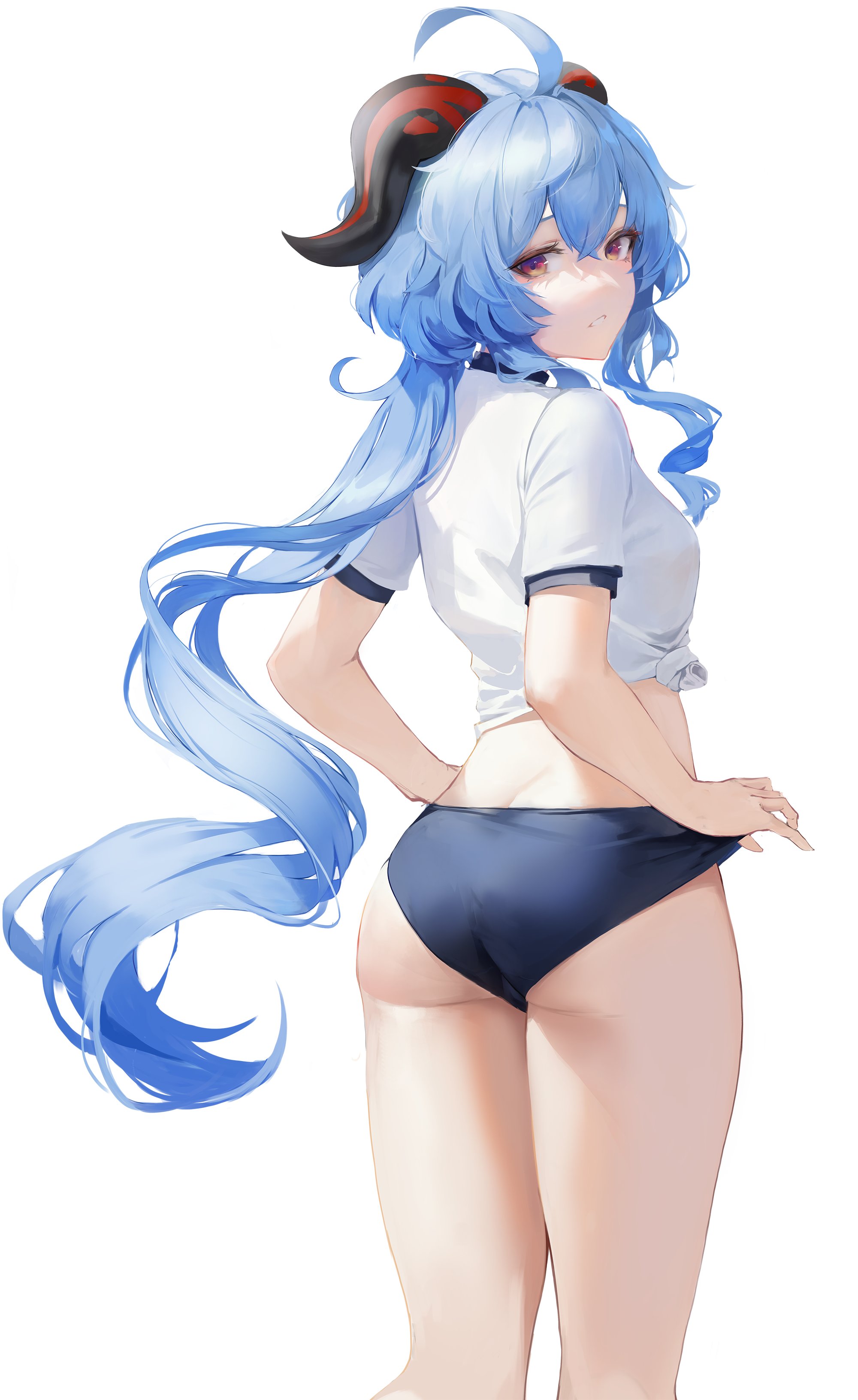1girls, ass, ass focus, bad id, blue hair, buruma, clothed, clothing, female, from behind, ganyu (genshin impact), genshin impact, horns, leviathan (hikinito0902), light skin, light-skinned female, looking at viewer, looking back, low ponytail, pants pull, ponytail, red eyes, solo, t-shirt, thighs, tshirt