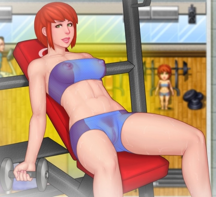 1girls abs barbell bench_press blue_clothing dumbbell dvoika fallout gym gym_bench gym_clothes indoors large_breasts medium_breasts natasha_(fall:out) pubic_hair red_hair see-through_clothing short_hair short_red_hair spread_legs sweat toned_female tredmill weights