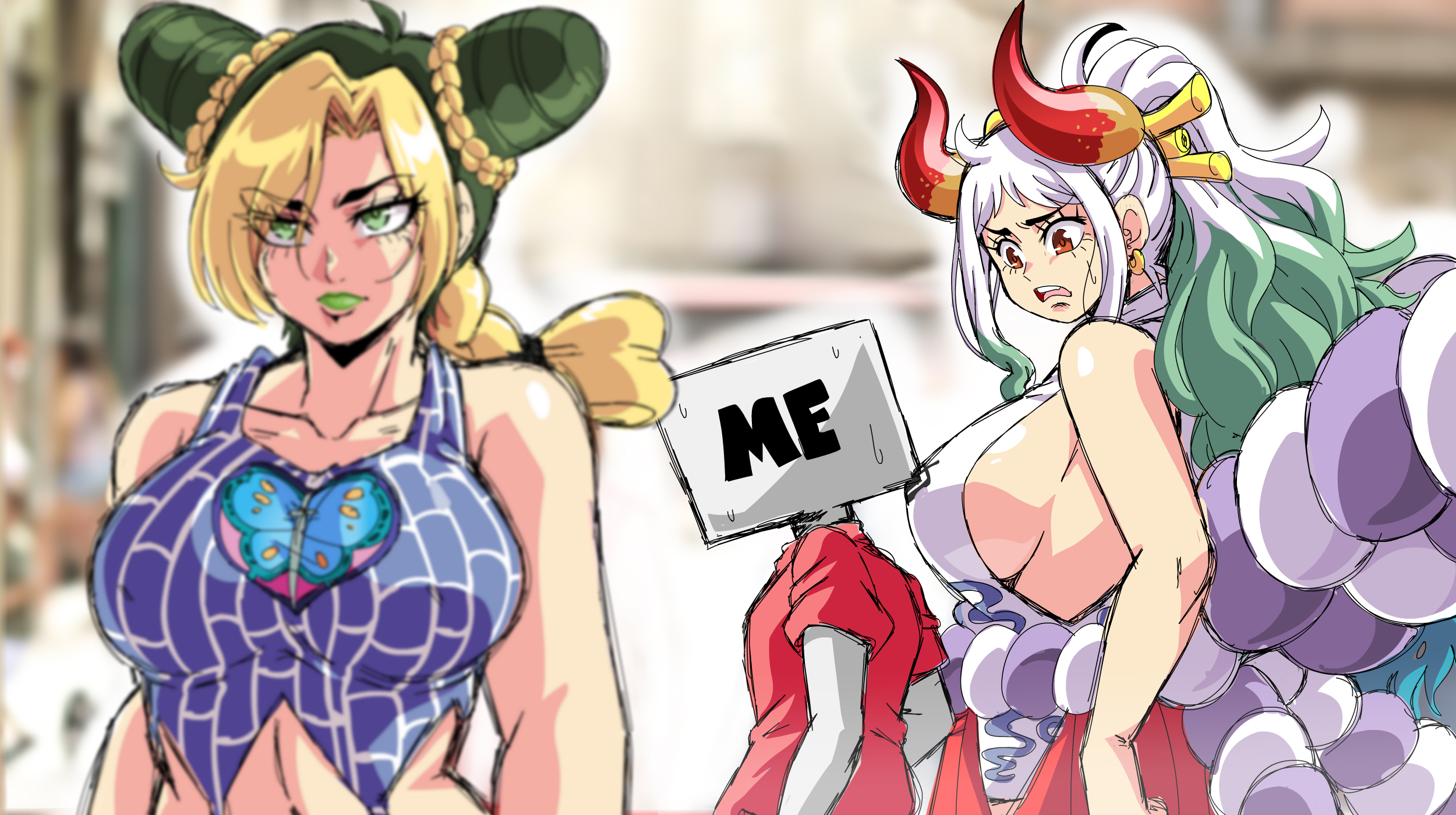 1boy, 2girls, big breasts, blonde hair, blonde-haired female, breasts, crossover, distracted boyfriend, double bun, female, female focus, green eyes, green hair, hair bun, horn, horns, huge breasts, human, jojo's bizarre adventure, jolyne kujo, large breasts, lewdamone, light skin, light-skinned female, long hair, male, meme, multicolored hair, multiple females, multiple girls, one piece, shounen jump, sideboob, stone ocean, teal hair, white hair, white-haired female, yamato (one piece)