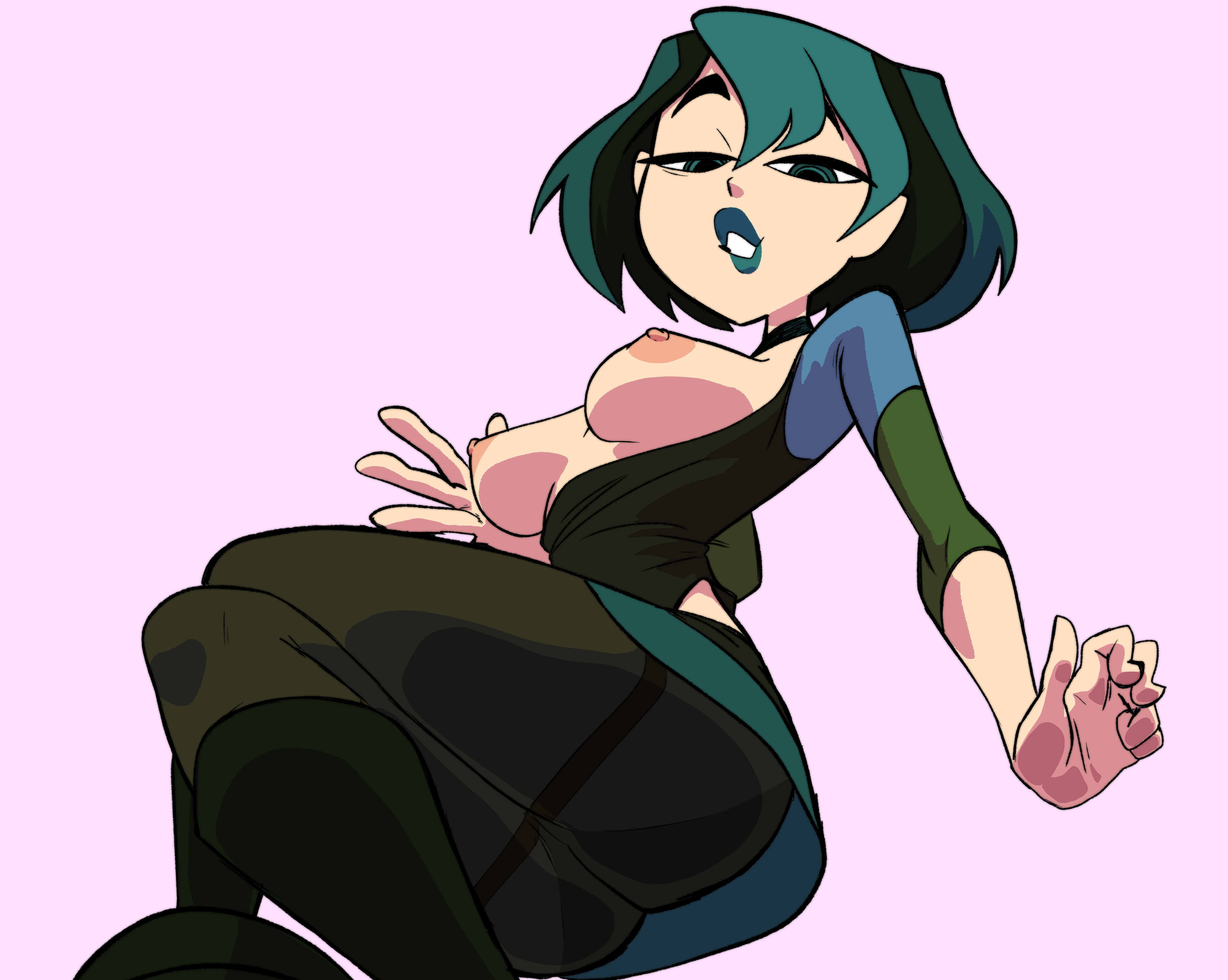 against glass, ass on glass, breasts, clothing, female, goth, goth girl, green hair, gwen (tdi), inkershike, nipples, solo, solo female, thighs on glass, total drama island, upskirt