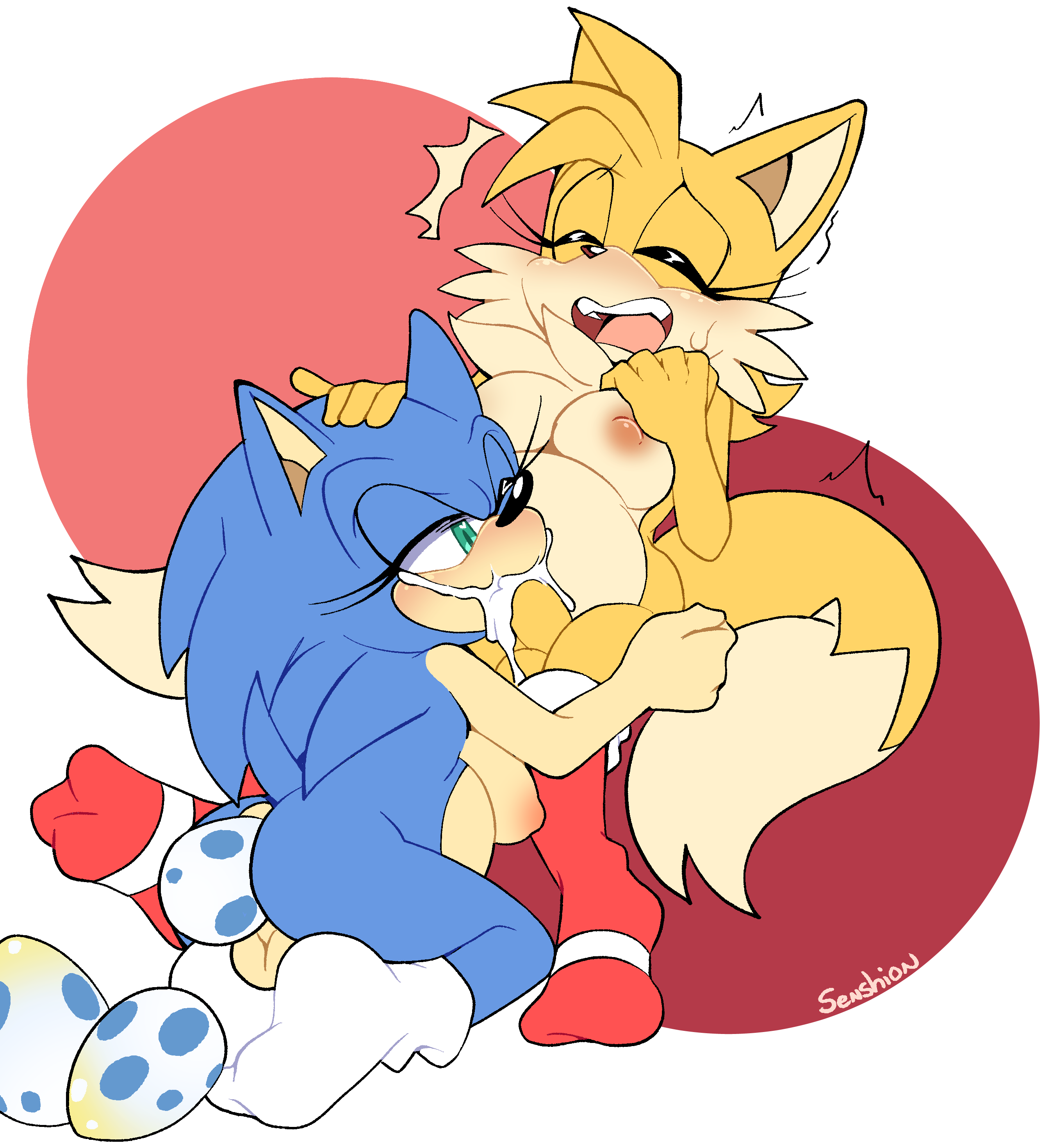 abstract background, absurd res, alpha channel, anal egg laying, anthro, backsack, balls, ballsack, belly, blue body, blue fur, blush, bodily fluids, breasts, canid, canine, closed eyes, clothing, cum, cum in mouth, cum inside, digital media (artwork), digital painting (artwork), duo, egg, egg from ass, egg laying, ejaculation, eulipotyphlan, eyelashes, fangs, fellatio, footwear, footwear only, fox, fur, futanari, genderswap, genderswap (mti), genital fluids, genitals, green eyes, hand on head, hand on hip, hedgehog, hi res, intersex, intersex/intersex, mammal, mostly nude, mti crossgender, multi tail, nipples, open mouth, oral, oral penetration, penetration, penile, penis, pregnant, pregnant intersex, rule 63, sega, senshion, sex, signature, simple background, socks, socks only, sonic (series), sonic the hedgehog, sonic the hedgehog (series), stretched anus, tails, tails the fox, teeth, transparent background, yellow body, yellow fur