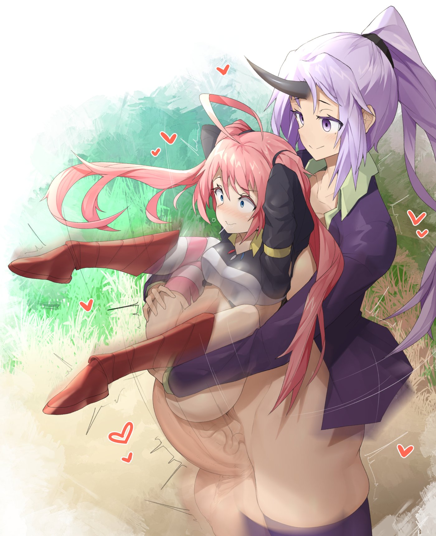 1futa, 1girls, balls, big balls, big penis, blue eyes, blush, bottomless, breasts, carrying, clothed, clothing, duo, erection, female, futa on female, futanari, horns, huge balls, huge cock, human, humanoid, humanoid penis, intersex, large balls, large testicles, larger futa, light skin, light-skinned female, light-skinned futa, long hair, milim nava, motion lines, pale skin, partially clothed, penis, pink hair, ponytail, purple eyes, purple hair, pussy, sex, shion (tensei shitara slime datta ken), sinensian, size difference, smaller female, standing, tensei shitara slime datta ken, testicles, thighs, trembling, twintails, uncensored, vaginal penetration, vaginal sex, veiny penis