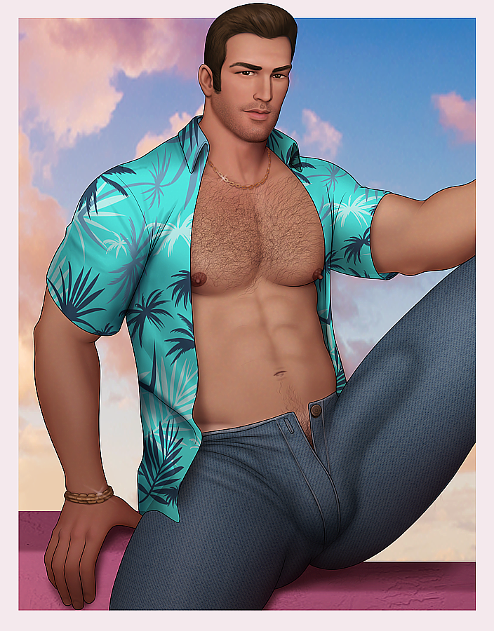 1boy 1male abs bulge bulge_through_clothing drawnpr0n floral_print gold_chain grand_theft_auto hairy_chest male male_only nipples pecs pinup solo tommy_vercetti video_games white_male