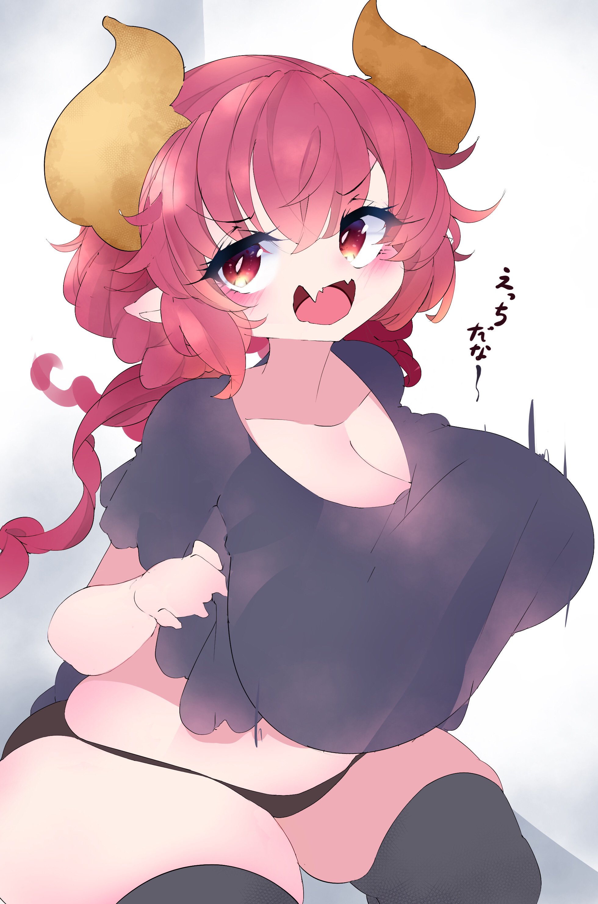 big breasts, breasts, dragon girl, dragon horns, female, female focus, ilulu (dragon maid), looking at viewer, midriff, miss kobayashi's dragon maid, potyakitune3, red eyes, shortstack, solo, solo female, thick thighs, thighs