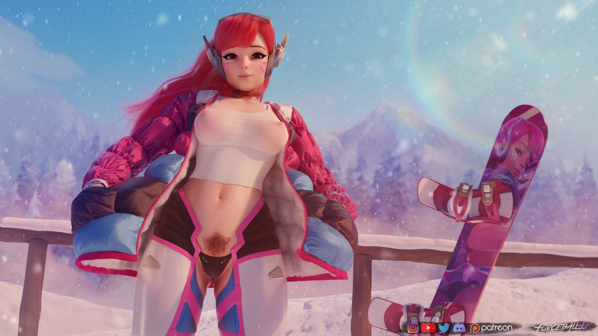 1girls, 3d, alternate hair color, asian, blizzard entertainment, brown eyes, brown pubic hair, cold, cute, d.va, egirl, exhibition, exhibitionism, exhibitionist, female, female focus, female only, fit, fit female, flashing, forceballfx, fringe, hana song, korean, looking at viewer, low, midriff, midriff baring shirt, mound of venus, outside, overwatch, panties, panties down, petite, pubic hair, pubic hair peek, red eyes, red hair, revealing clothes, slender, slender waist, snow, snowboard, solo, tagme, tank top, tanktop, teenager, winter