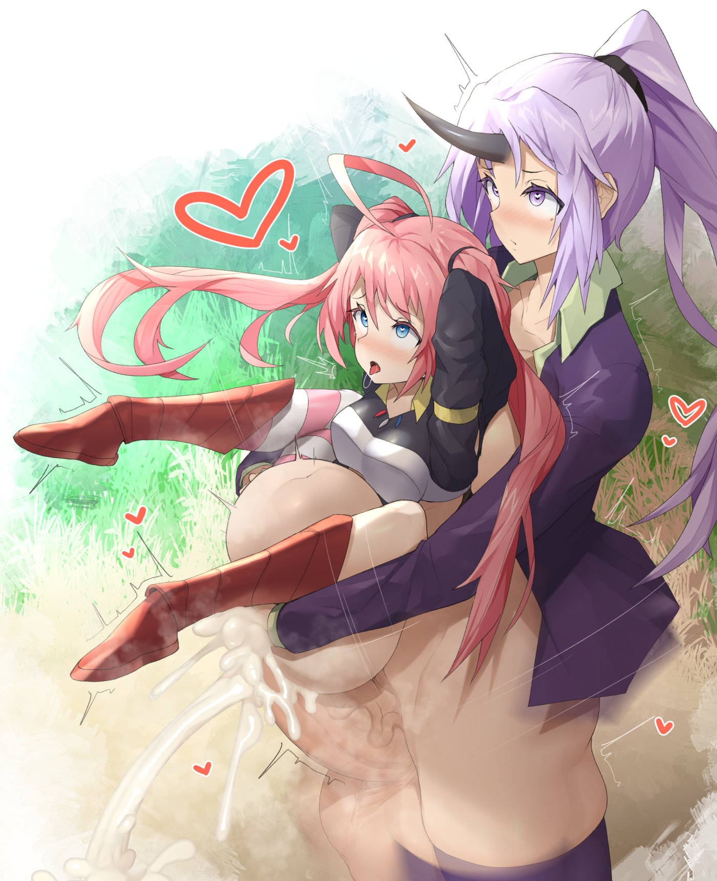 1futa, 1girls, ahe gao, balls, big balls, big penis, blue eyes, bottomless, breasts, carrying, clothed, clothing, cum, cum in pussy, cum inflation, cum inside, cumflation, duo, erection, female, futa on female, futanari, horns, huge balls, huge cock, human, humanoid, humanoid penis, intersex, large balls, large testicles, larger futa, light skin, light-skinned female, light-skinned futa, long hair, milim nava, pale skin, partially clothed, penis, pink hair, ponytail, purple eyes, purple hair, pussy, rolling eyes, sex, shion (tensei shitara slime datta ken), sinensian, size difference, smaller female, standing, taller female, tensei shitara slime datta ken, testicles, thighs, twintails, uncensored, vaginal penetration, vaginal sex, veiny penis