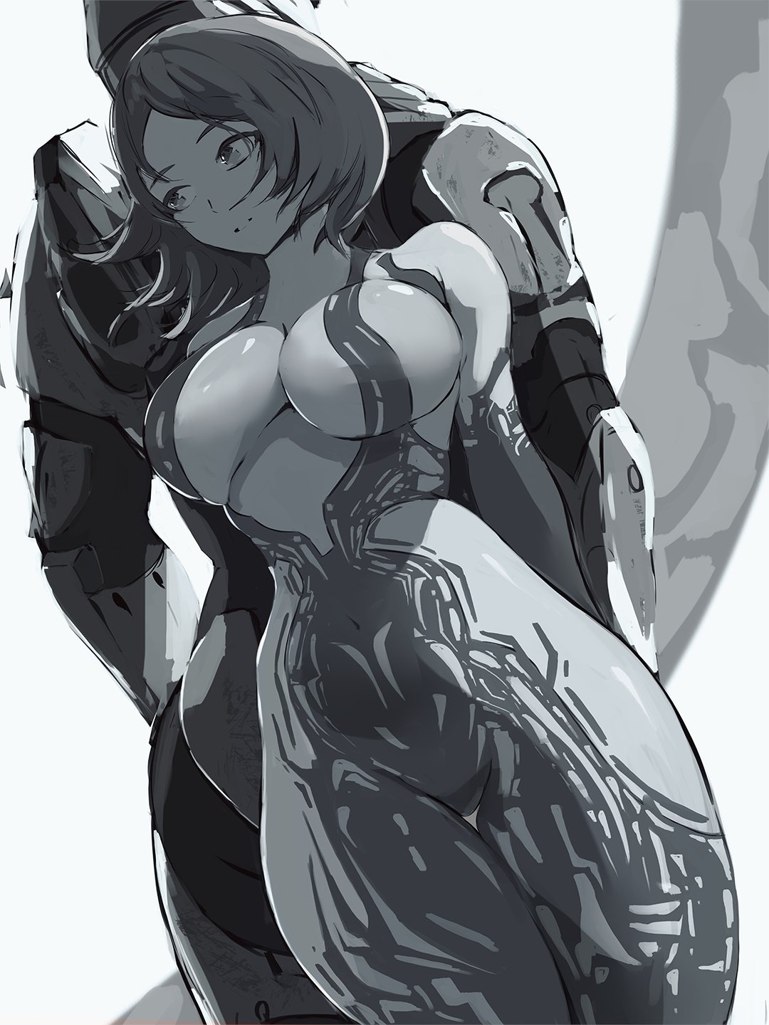 1boy 1girls 2d armor artificial_intelligence back_to_back black_and_white breasts cortana facing_forward female functionally_nude functionally_nude_female halo_(series) hips huge_breasts male master_chief miraihikari preview short_hair sketch slim_waist thick_thighs thighs wide_hips wip work_in_progress