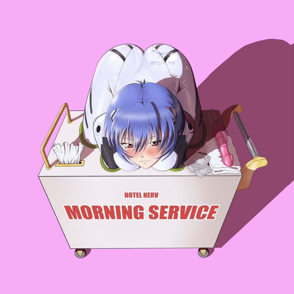 blue_hair blush bodysuit cart closed_mouth clothing condom dildo female in_container neon_genesis_evangelion nerv plugsuit rabbit_dildo red_eyes rei_ayanami reptileye restrained short_hair slq tissue tissue_box vibrator