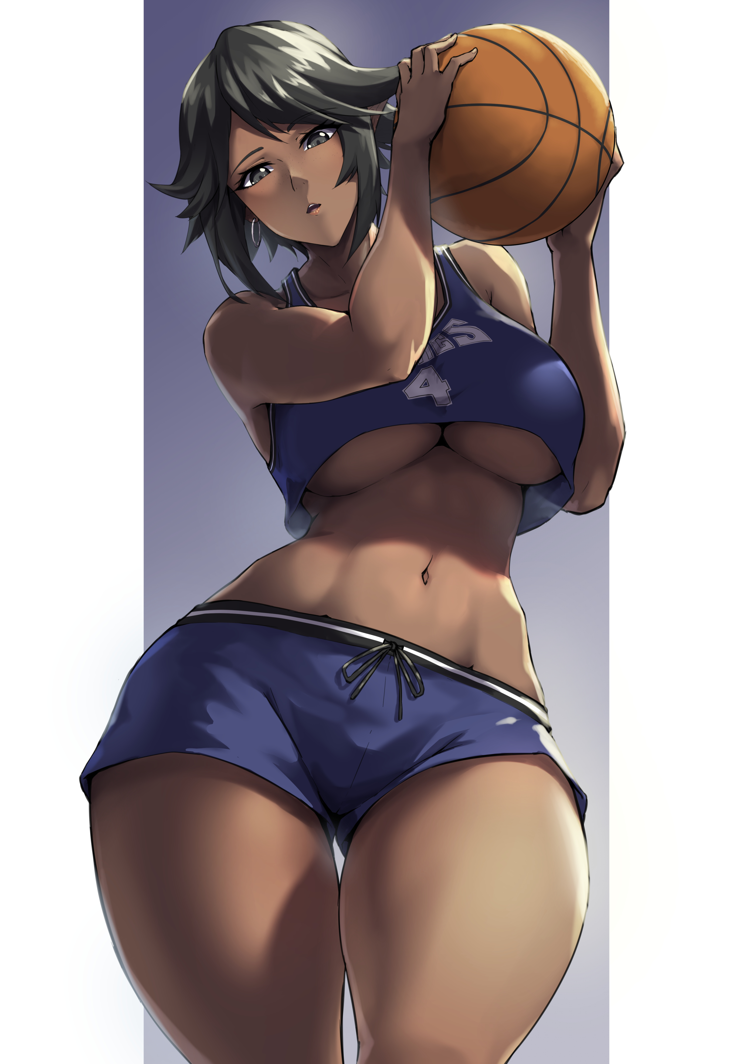 basketball, basketball uniform, breasts, commission, dark elf, dark skin, dark-skinned female, female, hi res, large breasts, navel, packge, short shorts, shorts, thick thighs, underboob, undersized clothes, wide hips