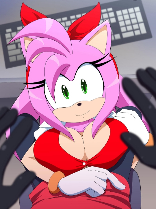 1boy 1boy1girl 1girls amy_rose anonymous anthro anthro_on_human big_breasts cleavage glove green_eyes hedgehog human kojiro-brushard looking_at_viewer looking_up pink_fur pov pov_eye_contact sega smile sonic_(series) under_desk