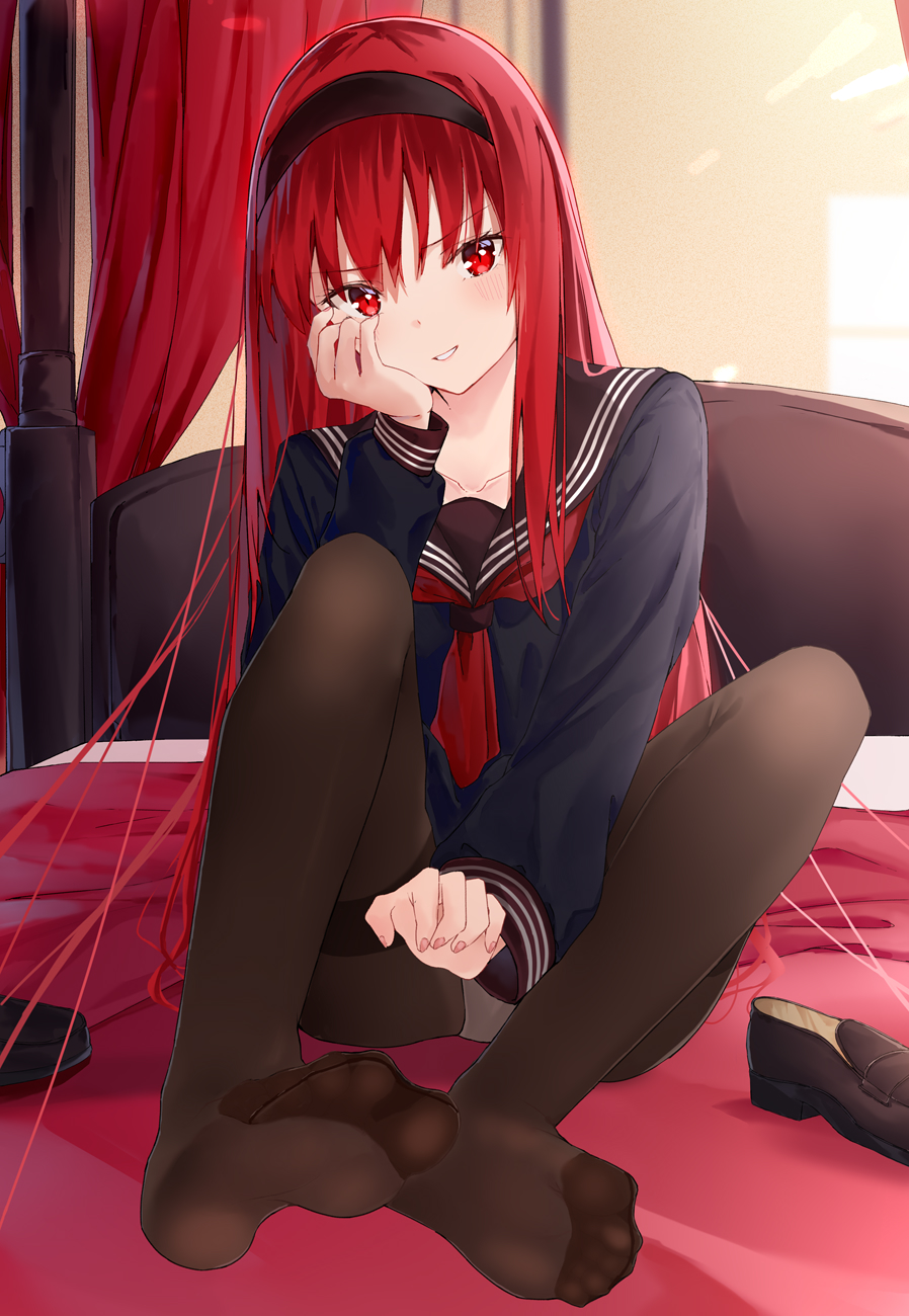 1girls, feet, female, flat chest, foot fetish, long hair, panties, red eyes, red hair, school uniform, serafuku, solo, tohno akiha, tsukihime, type-moon