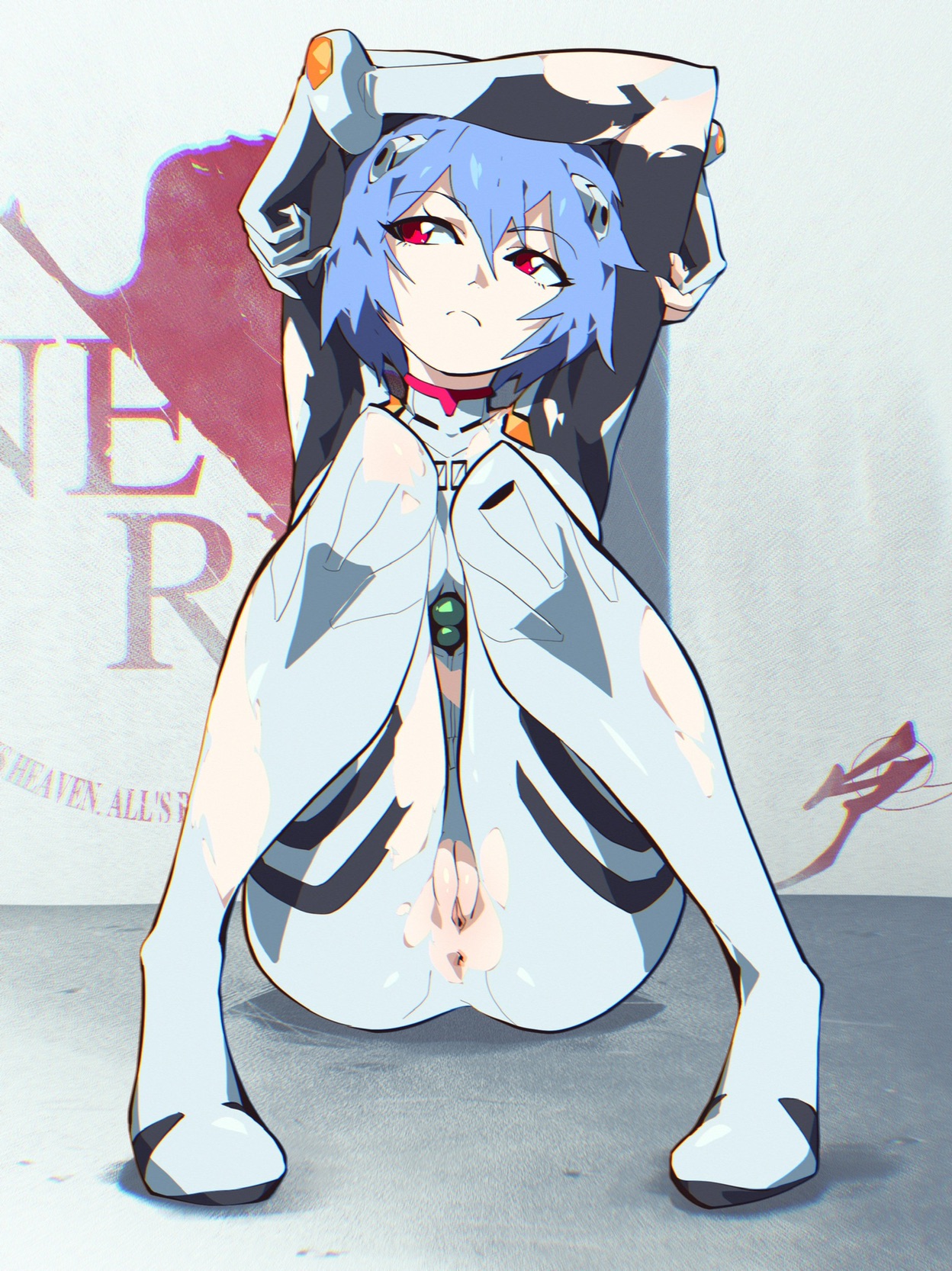 aetherion art, anus, arms above head, arms up, ass, blue hair, bodysuit, bored, clothing, female, hips, legs, looking away, neon genesis evangelion, partially clothed, plugsuit, pussy, red eyes, rei ayanami, short hair, sitting, skintight, solo, solo female, thighs, torn clothes