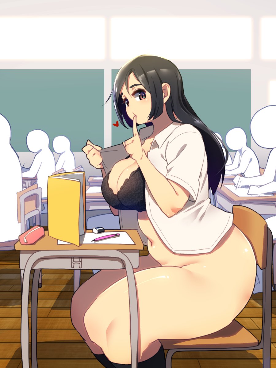 1girls ass big_ass big_breasts big_butt black_hair breasts class classroom cleavage fat female female_focus no_panties no_pants school schoolgirl side_view sitting sitting_on_chair slightly_chubby squarewave thick_thighs thighs