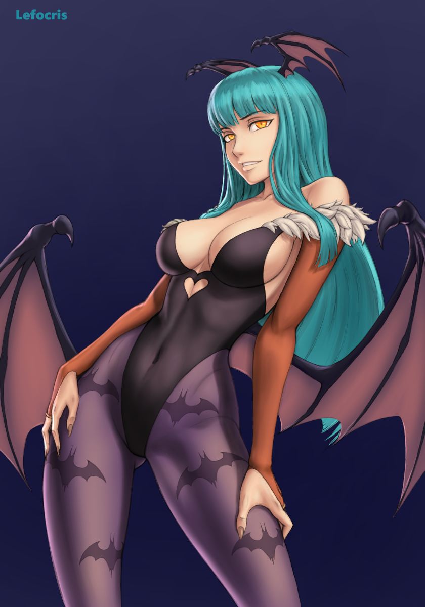 bangs bat_wings bats blue_hair breasts clothing darkstalkers female female_only large_breasts lefocris leotard long_nails medium_breasts morrigan_aensland solo solo_female succubus vampire yellow_eyes