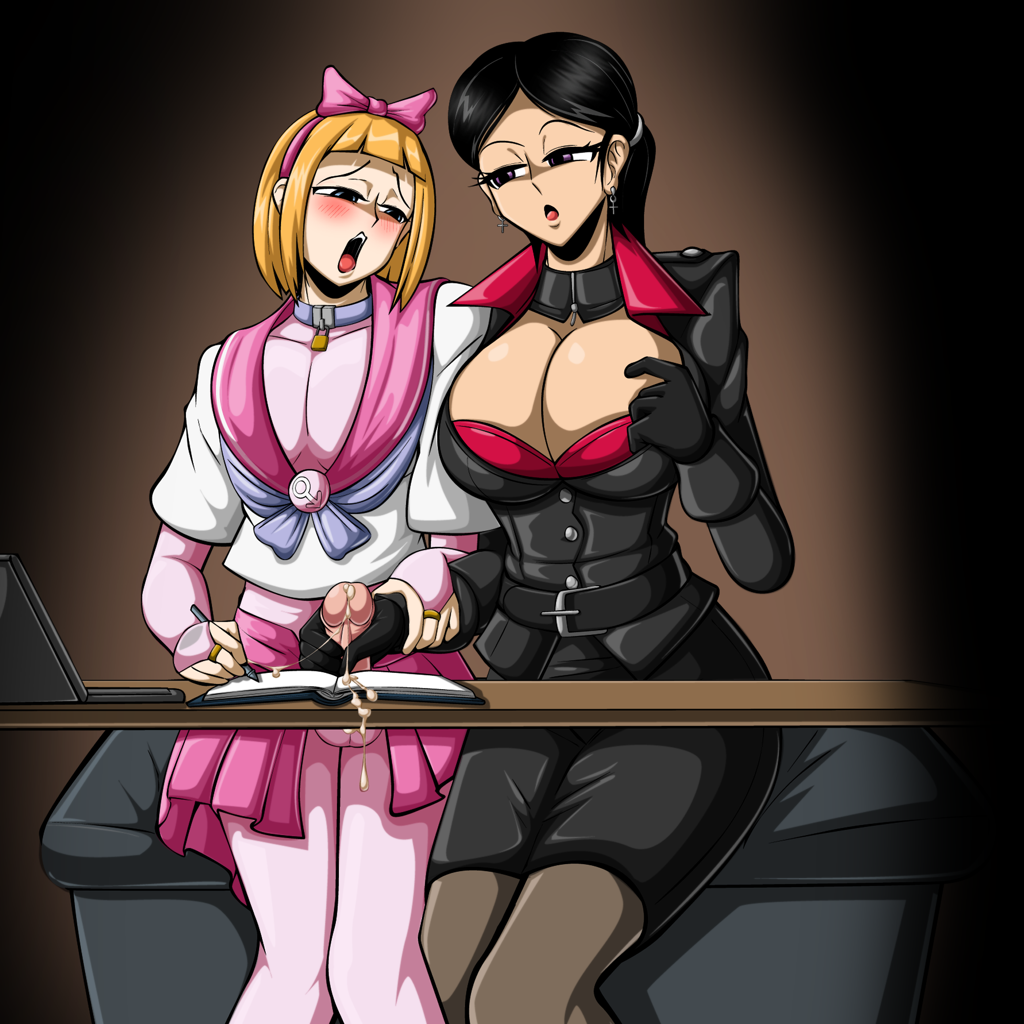 1boy, 1girls, 2d, breasts, cleavage, clothing, crossdressing, cum, female, female human, femboy, femboy on female, femboysub, femdom, gloves, handjob, human, male, male human, malesub, neckwear, neocorona, penis, school uniform, sissy, straight, tagme, uniform