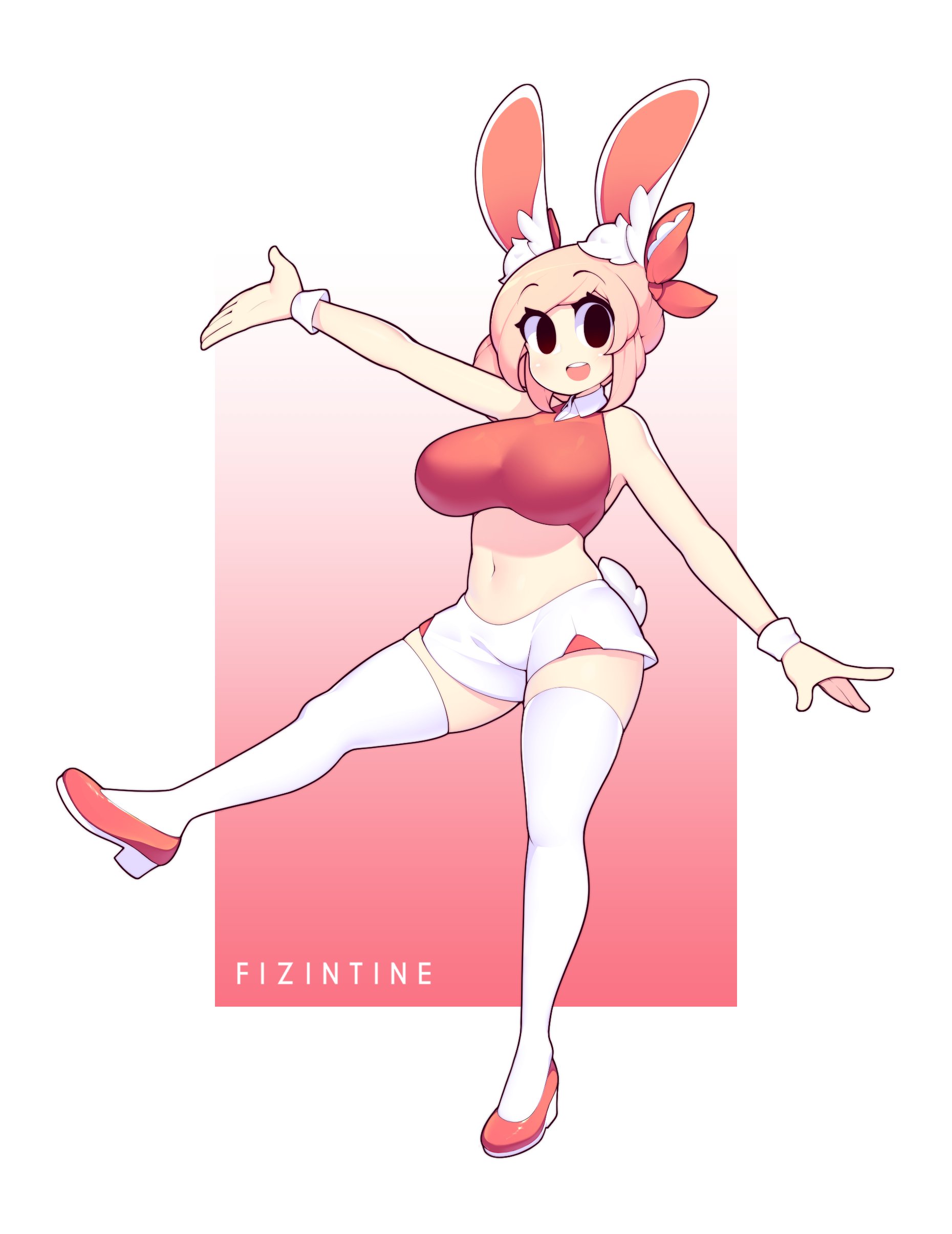 1girls, black eyes, bunny ears, bunny girl, bunny tail, female, female only, fiz, fizintine, hair ribbon, hi res, light skin, light-skinned female, looking at viewer, on one leg, pink hair, shoes, shorts, solo, solo female, thighhighs, topwear, white thighhighs, wholesome, wide eyed, wrist cuffs