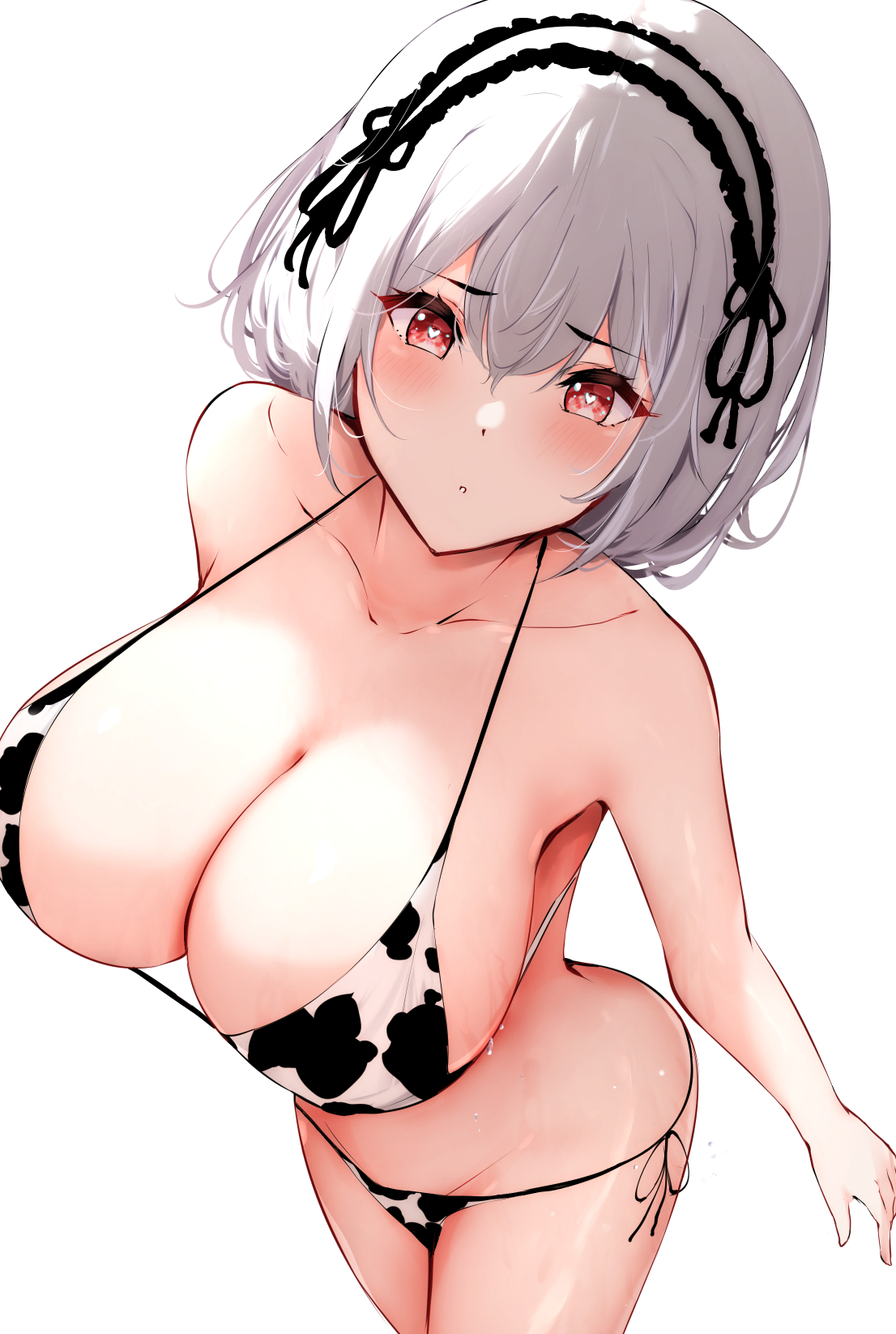 azur lane, big breasts, blush, blushing at viewer, breasts, cow print, female, female focus, female only, heart-shaped pupils, light skin, light-skinned female, looking at viewer, red eyes, short hair, sirius (azur lane), solo, solo female, sweat, thighs, white hair