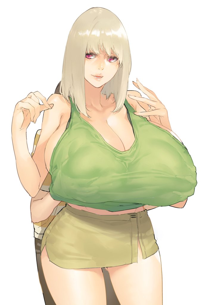 1boy 1girls bakunyuu bangs bare_shoulders blank_background blonde_eyebrows blonde_hair braless breast_suppress breasts breasts_bigger_than_head breasts_squeeze bursting_breasts busty cleavage collarbone contrapposto covered_erect_nipples duo enormous_breasts eyebrows_visible_through_hair facing_to_the_side female from_behind gigantic_breasts green_shirt green_tank_top grope_from_behind groping_breasts groping_from_behind groping_through_clothes groping_under_clothes hair_clips hair_ornament hairclip hands_under_clothes hi_res high_resolution highres huge_breasts hyper_breasts inside_clothing kisame_(muneneko) looking_to_the_side makeup male massive_breasts medium_hair microskirt miniskirt molestation muneneko no_bra open_mouth original original_character overflowing_breasts parted_lips pencil_skirt plain_background red_eyes rubbing rubbing_breasts sexual_assault sexual_harassment short_hair simple_background skirt smile squeezing squeezing_breasts standing standing_behind tank_top top_heavy undersized_clothes unknown_male voluptuous white_background