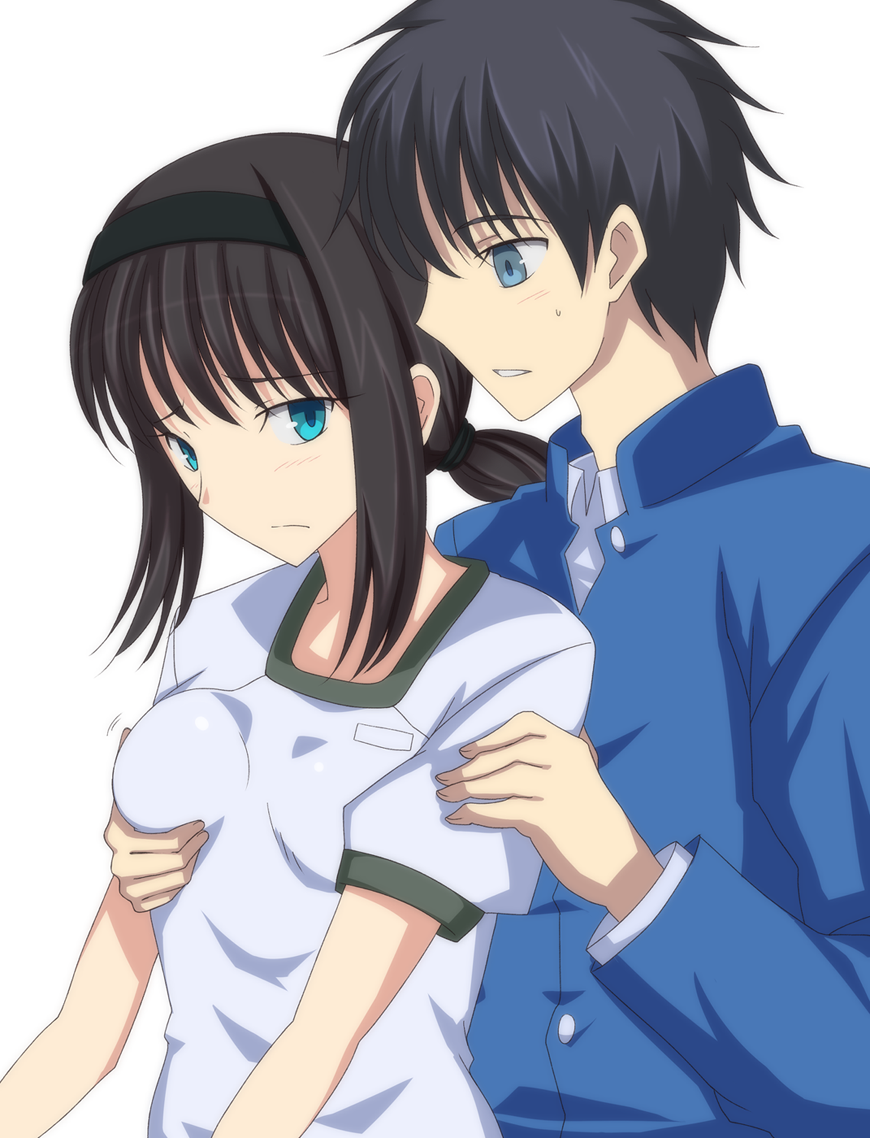 1boy 1girls black_hair blue_eyes breast_grab brother_and_sister female groping incest long_hair ponytail siblings small_breasts tohno_akiha tohno_shiki tsukihime type-moon