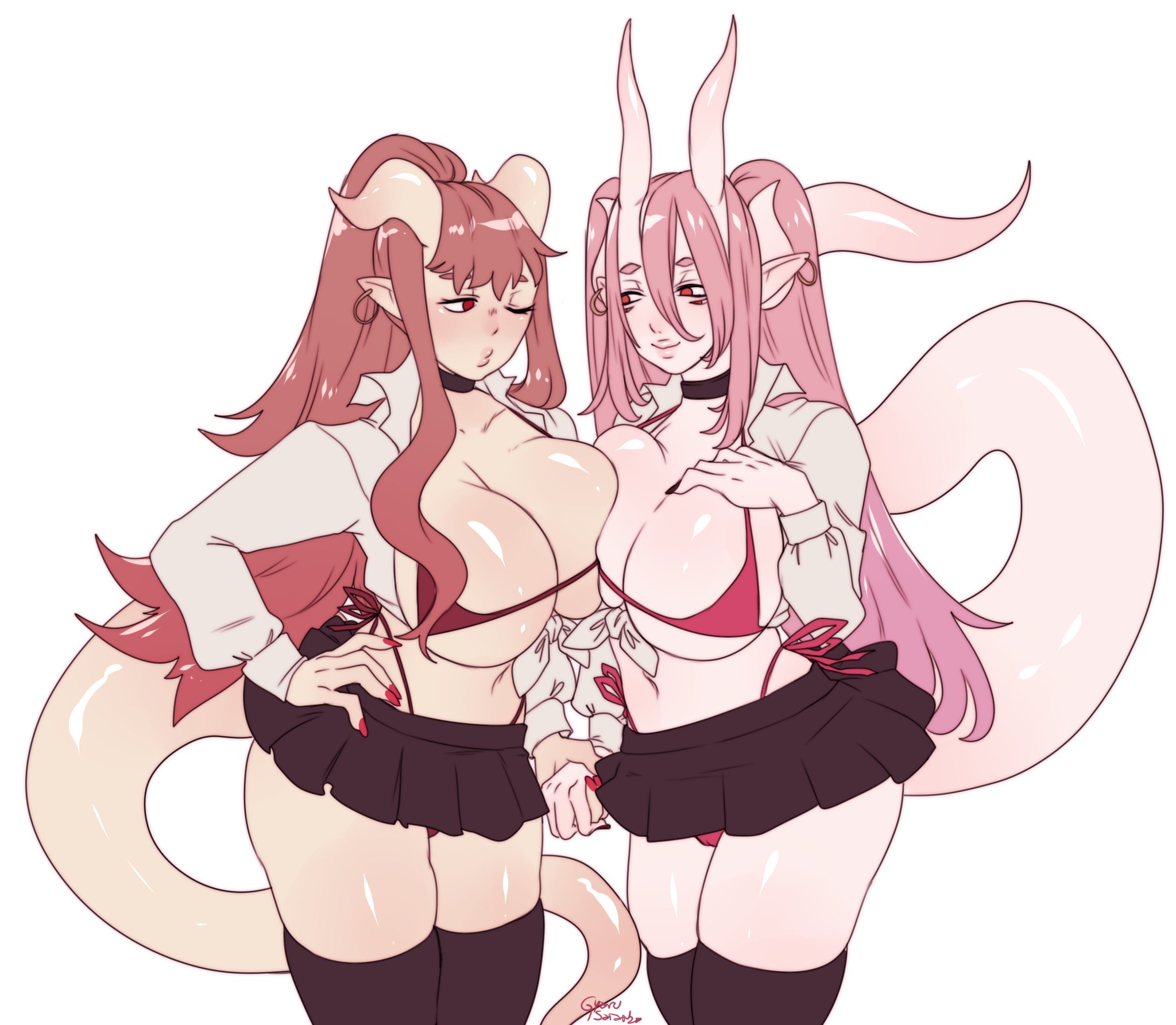 2girls, big breasts, bikini, black thighhighs, breast press, breasts, breasts to breasts, choker, earrings, eye contact, female, female only, gyarusatan, hand holding, hi res, horns, light skin, light-skinned female, long hair, massive breasts, miniskirt, narrowed eyes, one eye closed, pink hair, pointy ears, ponytail, red eyes, red hair, shirt, smiling, tail, thick tail, thick thighs, thigh squish, thighhighs, twintails, venus (gyarusatan), white background