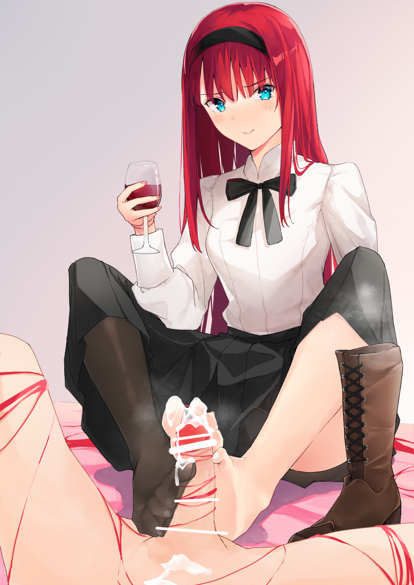 1girls blue_eyes censored cum feet female footjob long_hair nude red_hair tohno_akiha tsukihime type-moon