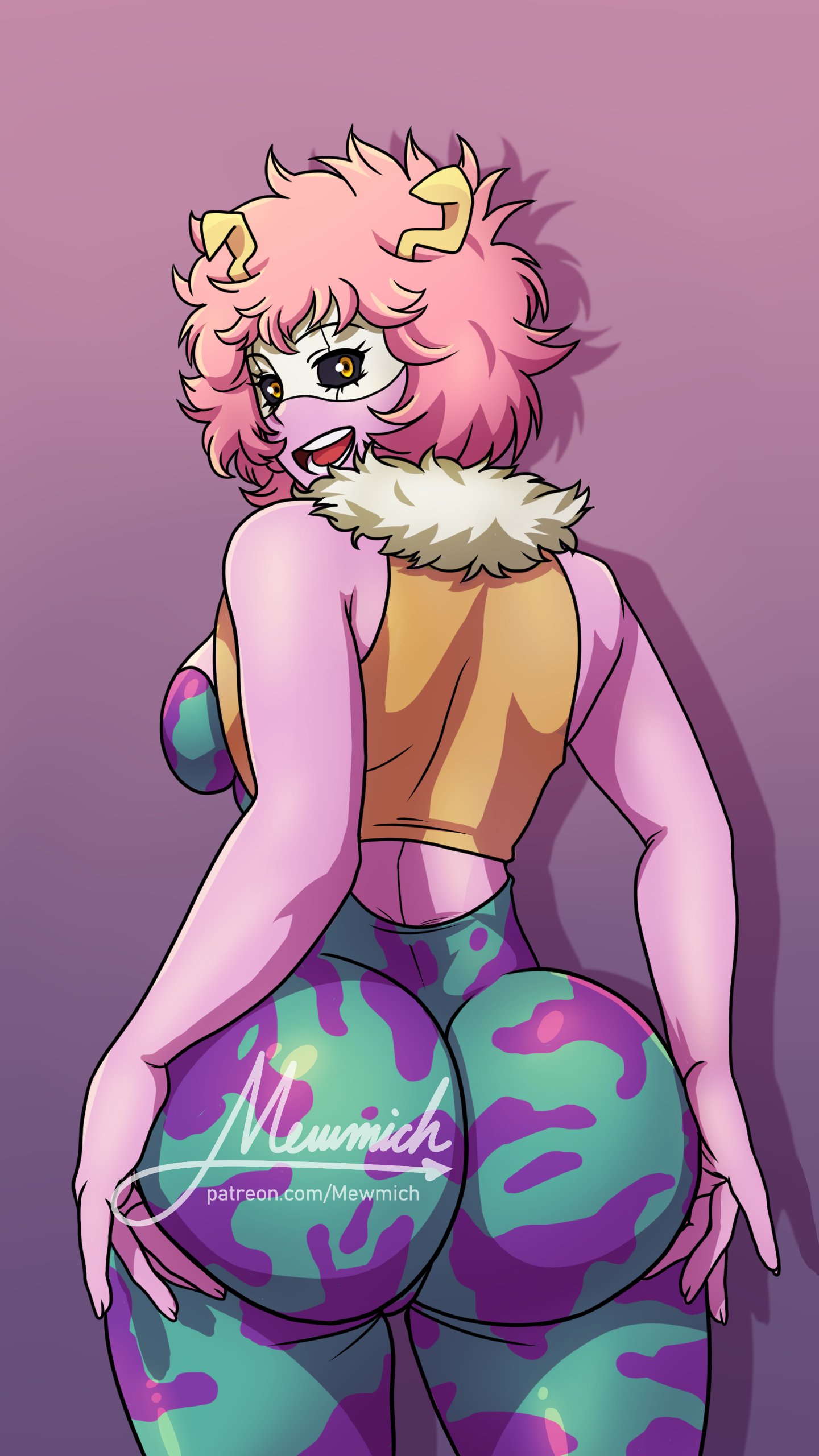1girls, ass, ass grab, big ass, clothed, clothed female, female, female only, grabbing own ass, hero outfit (mha), looking at viewer, looking back, mewmich, mina ashido, my hero academia, pink hair, pink skin, pink-haired female, solo, solo female, watermark