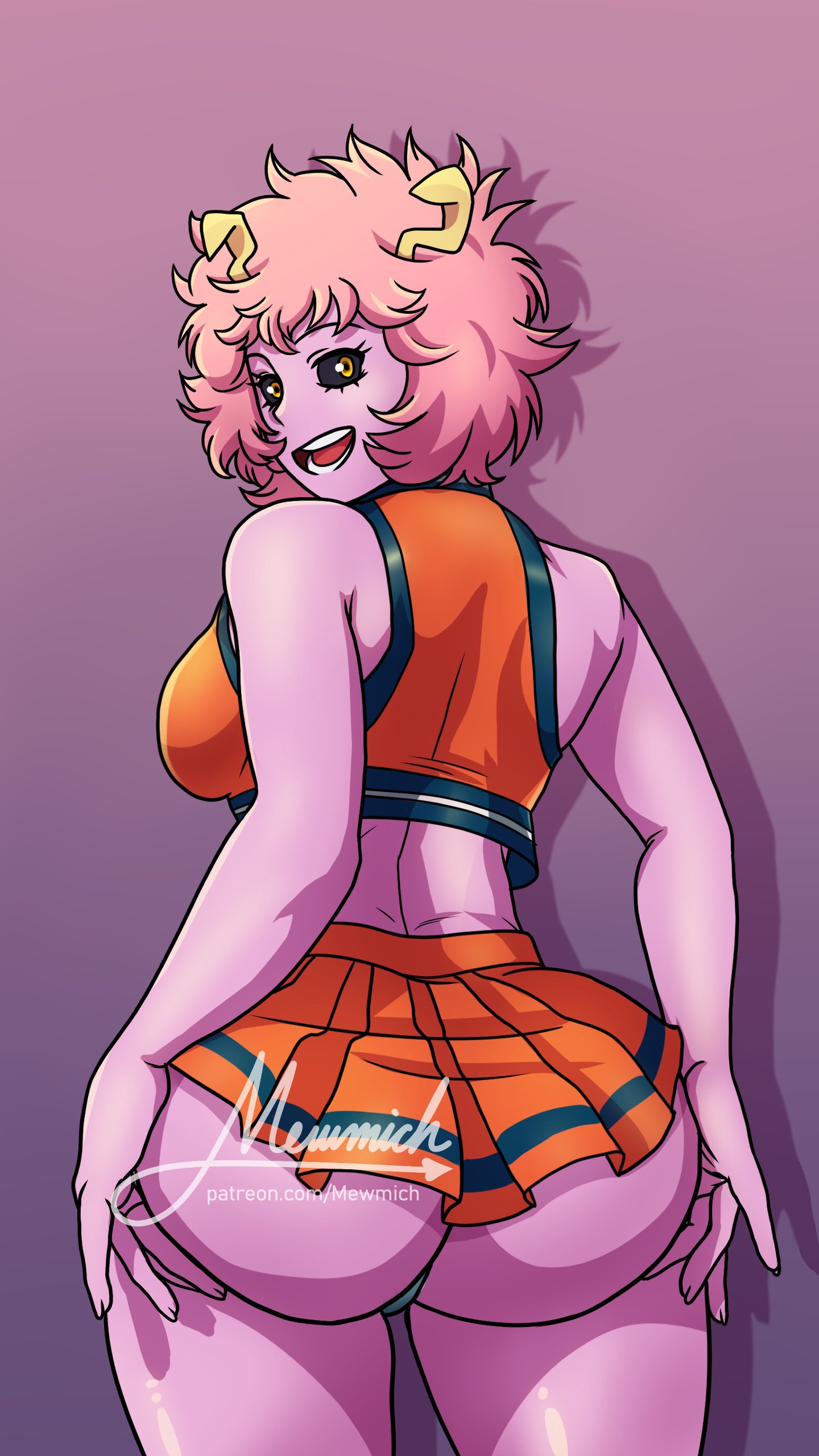 1girls, ass, big ass, cheerleader, cheerleader uniform, clothed, clothed female, female, female only, grabbing own ass, hero outfit (mha), heroine, horns, looking at viewer, looking back, mewmich, mina ashido, my hero academia, open mouth, pink hair, pink skin, pink-haired female, solo, u.a. cheerleader outfit