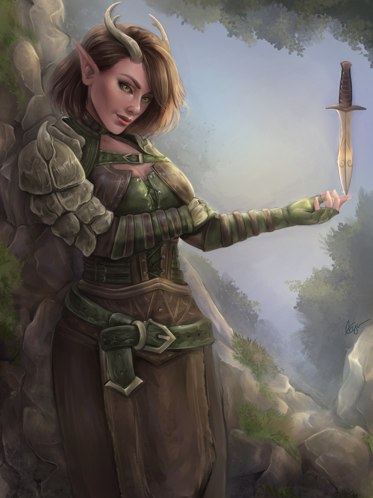 antlers big_breasts bolondteri bosmer brown_hair dagger elf fanart female fully_clothed game green_eyes horns knife oc short_hair smiling sylendra the_elder_scrolls the_elder_scrolls_online wood_elf