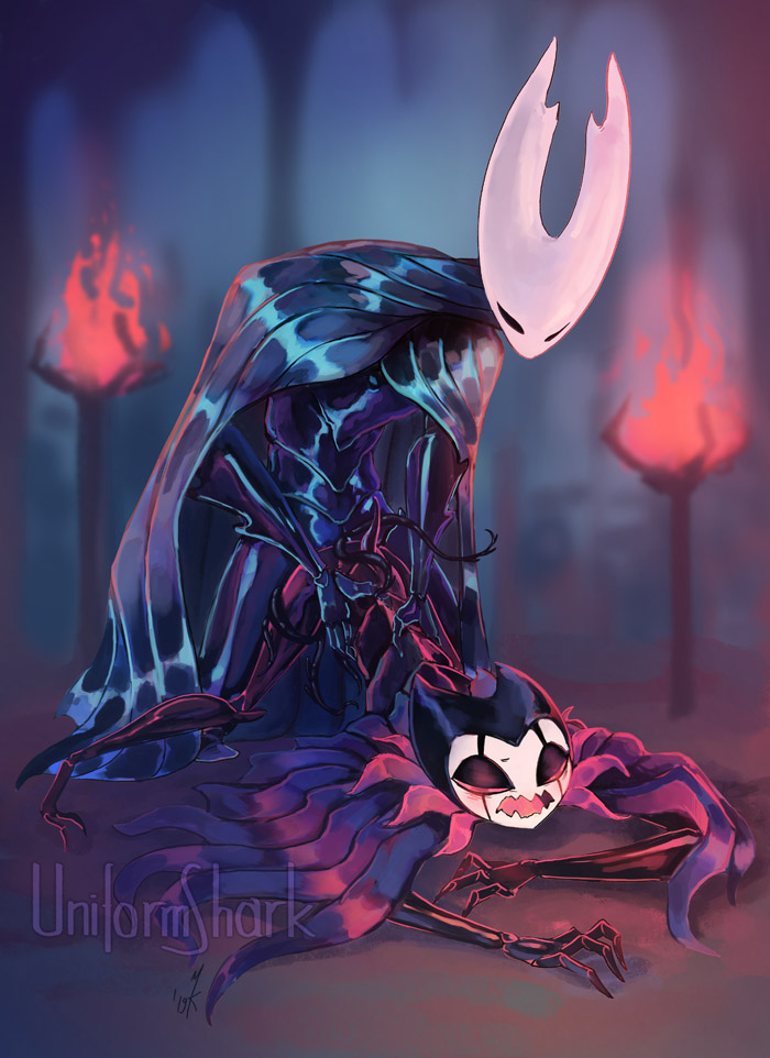 2boys cape doggy_style face_down_ass_up from_behind gay grimm_(hollow_knight) hand_on_hip hollow_knight looking_pleasured male male/male male_only protagonist_(hollow_knight) spread_legs uniformshark yaoi