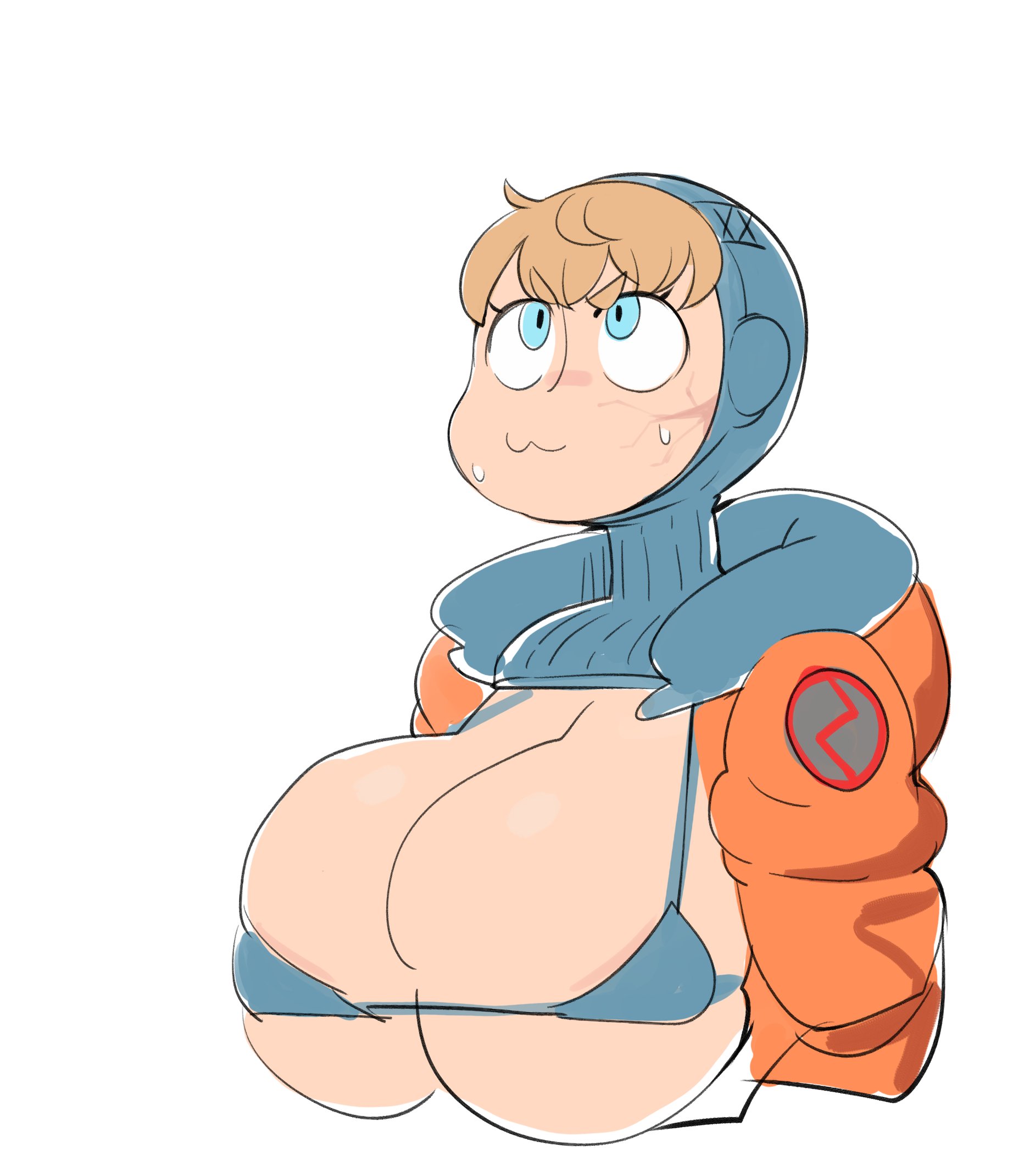 :3, 1girls, apex legends, big breasts, blonde hair, blue eyes, breasts, cham22, chamchami, doodle, electronic arts, female, huge breasts, large breasts, lichtenberg figure, micro bikini, scar, short hair, solo, sweat, upper body, wattson (apex legends), white background