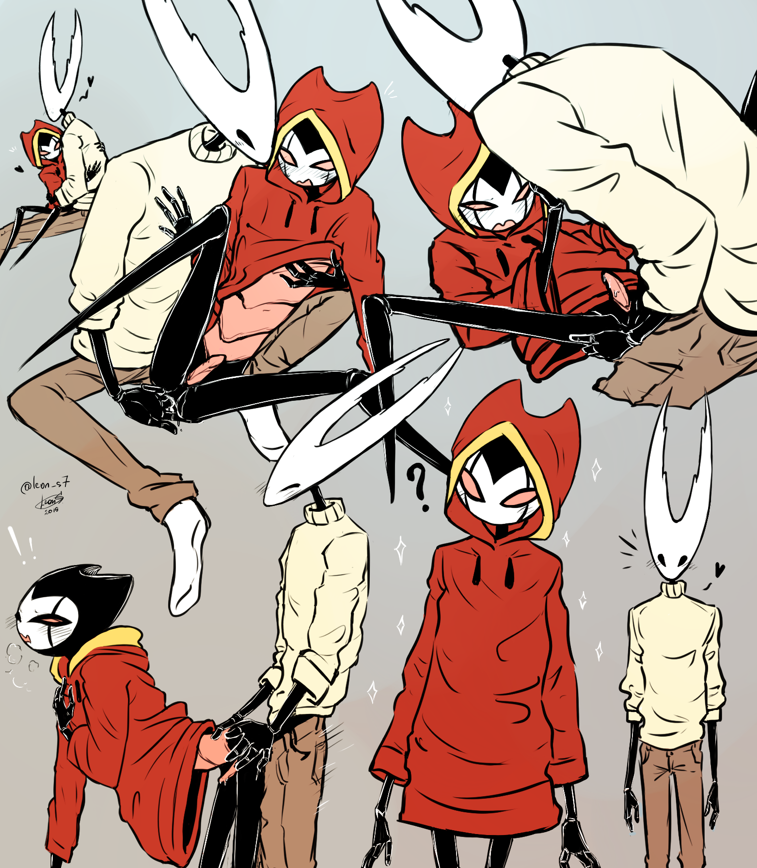 2boys, adorable, bent over, clothed, cock, cute, erect penis, erection, femboy, fingering, from behind, gay, grimm (hollow knight), hollow knight, hollow knight (character), hoodie, leonstar, male, male only, male/male, missionary position, naked, nude, oversized clothes, penis, standing, thighs, yaoi