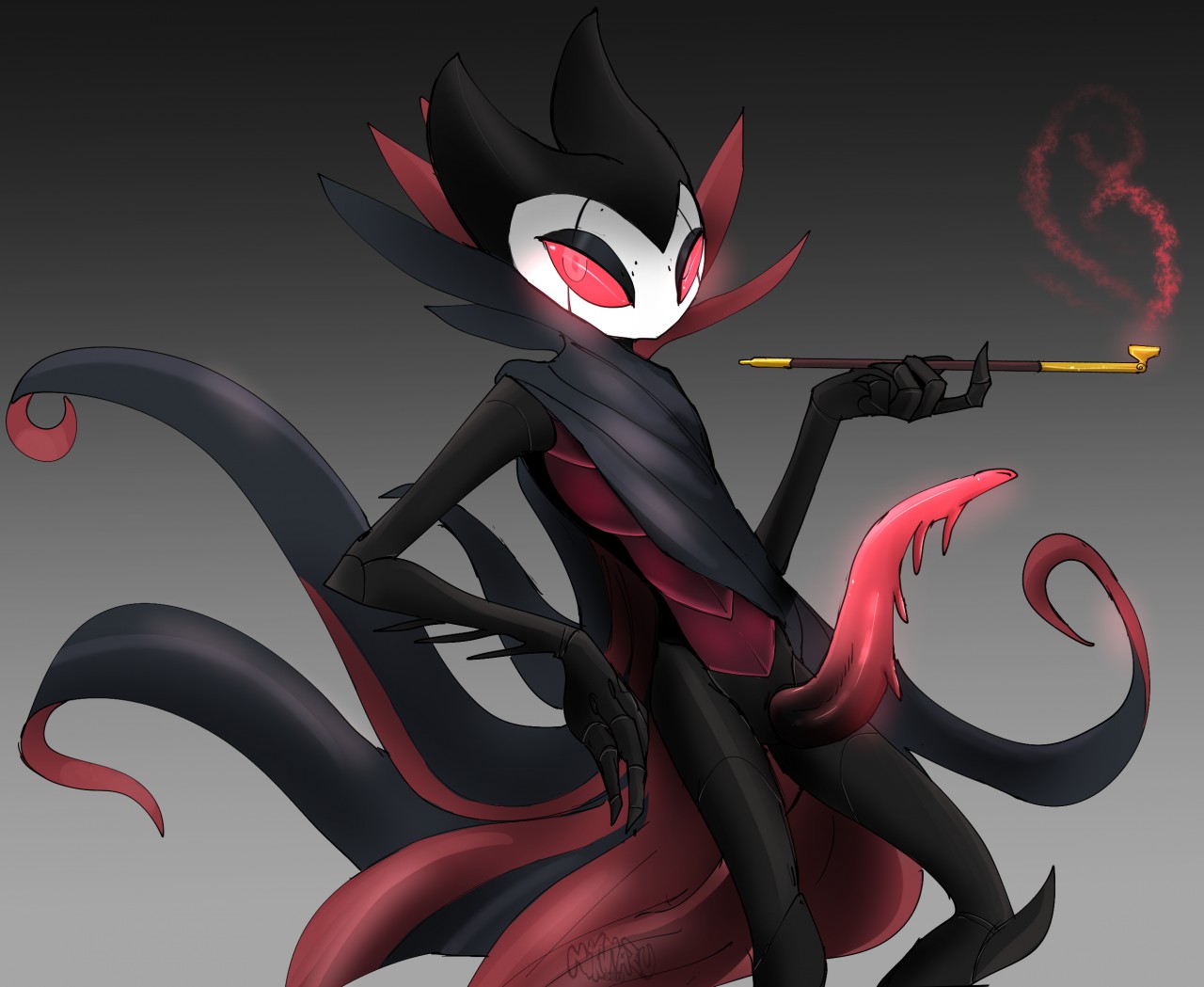 1boy, artist request, big penis, cape, cock, grimm (hollow knight), hollow knight, huge cock, kiseru, looking at viewer, male, male only, non-human, penis, red eyes, seductive, smoking, solo, solo feral, solo focus, standing, standing sex