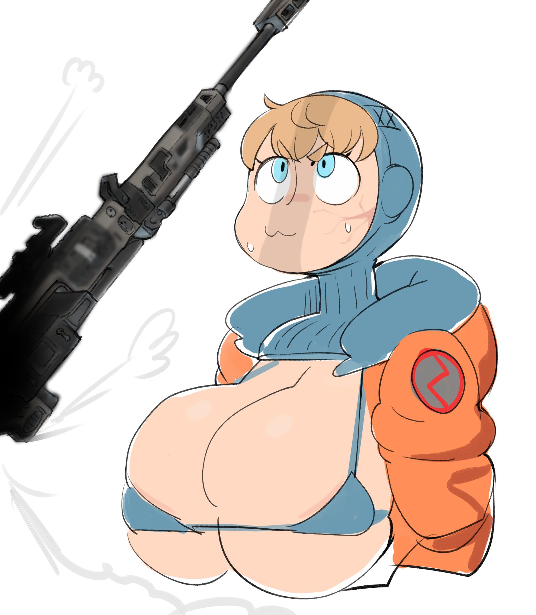 1girls, apex legends, big breasts, blonde hair, blue eyes, breasts, cham22, chamchami, doodle, female, huge breasts, large breasts, lichtenberg figure, micro bikini, scar, short hair, sweat, upper body, wattson (apex legends), white background
