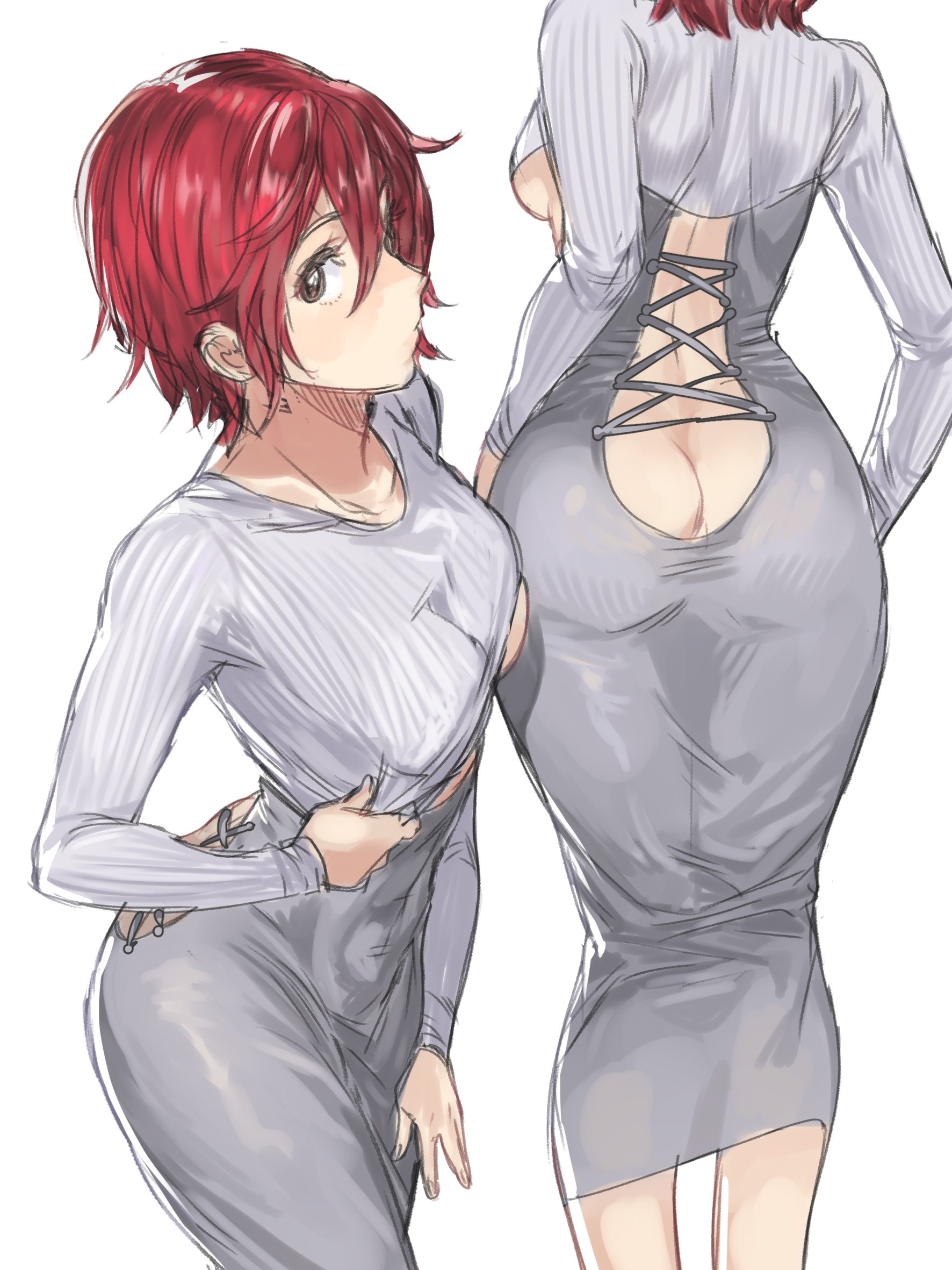 1girls, ass, ass cleavage, ass crack, ass cutout, ass in dress, back cutout, breasts, butt crack, clothed, cropped sweater, female, grey dress, han soo-min, hanny (uirusu chan), medium breasts, meme attire, no bra, no panties, original, red hair, revealing clothes, short hair, solo, tomboy, underboob