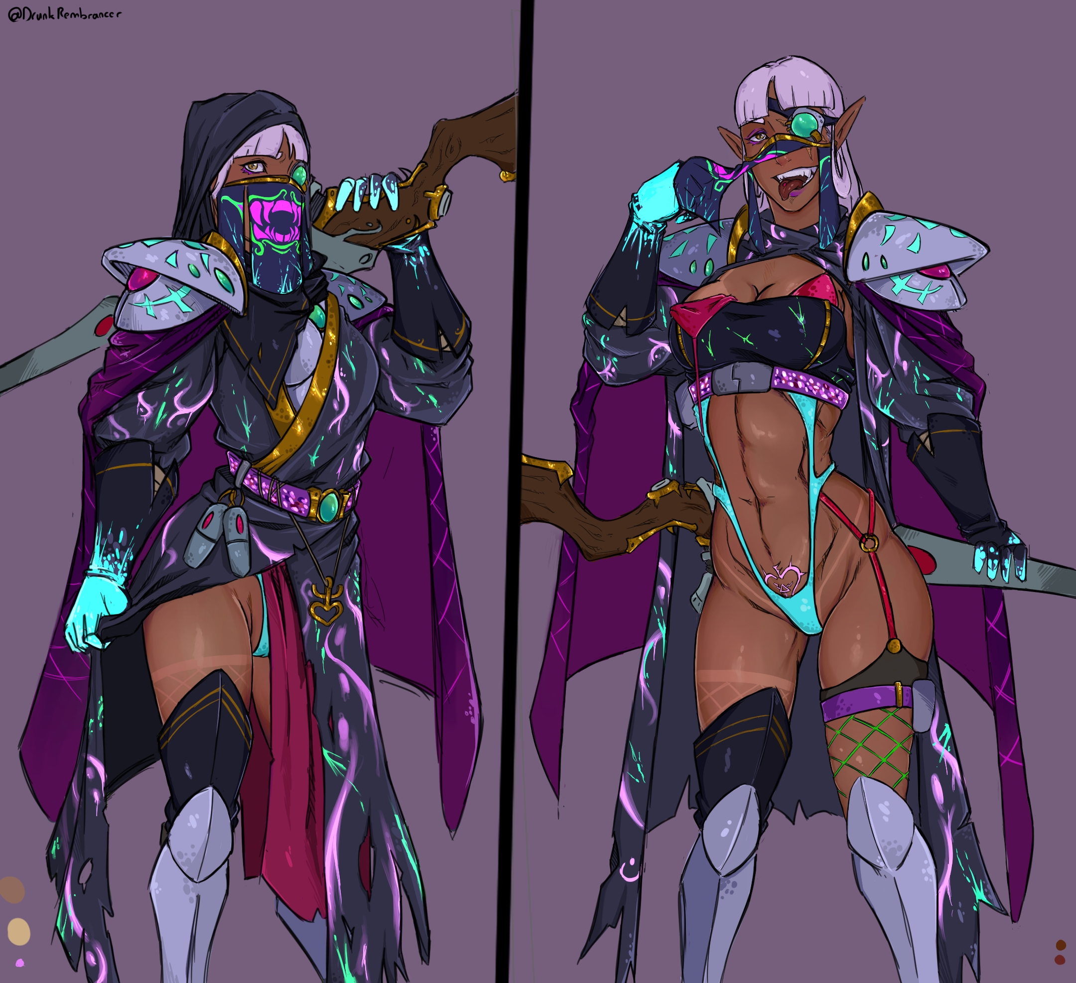 1girls, aeldari, aeldari ranger, alien girl, athletic, athletic female, dark skin, dark-skinned female, drunkrembrancer, eldar, elf ears, female, female only, gyaru eldar (drunkrembrancer), pointy ears, slaanesh mark, smile, solo, solo female, solo focus, tan skin, warhammer (franchise), warhammer 40k, white hair