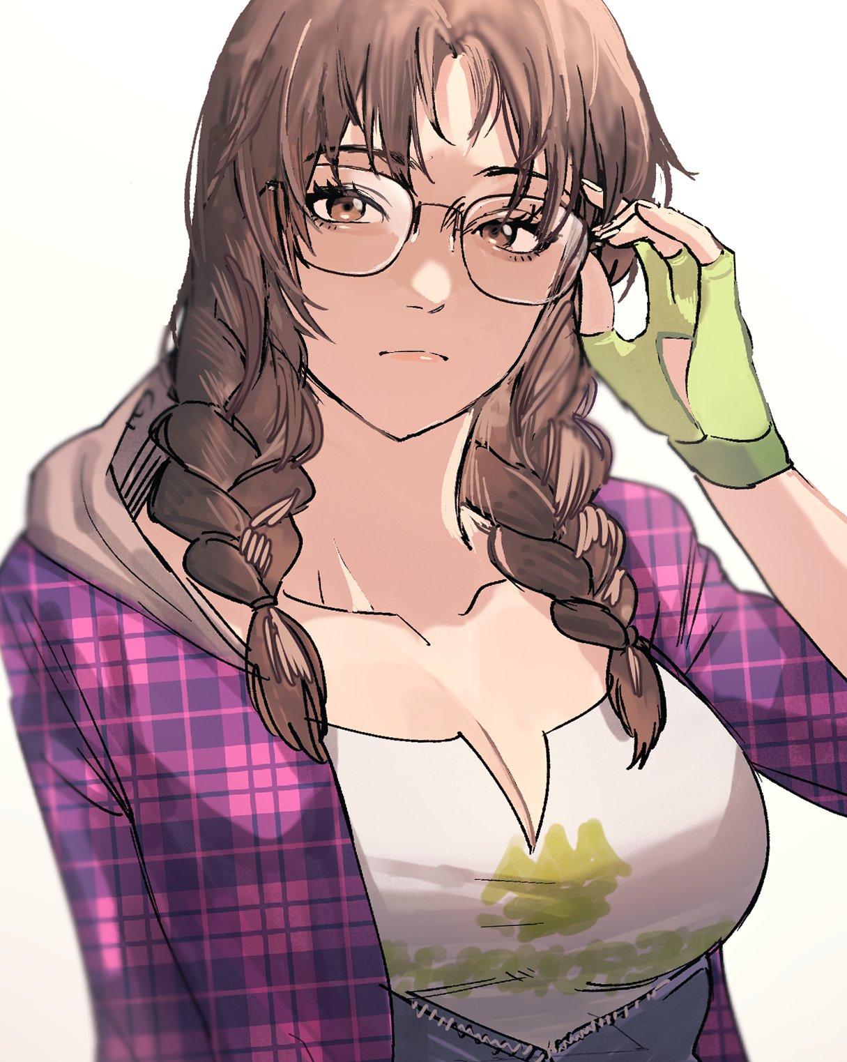 1girls breasts brown_eyes brown_hair cleavage clothed female fingerless_gloves glasses hanny_(uirusu_chan) julia_chang large_breasts looking_at_viewer namco plaid plaid_shirt slq solo tekken tekken_7 twin_braids