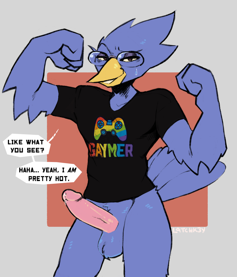 abstract_background anthro avian balls beak berdly bird black_clothing black_shirt black_topwear blue_balls blue_body blue_feathers bodily_fluids bottomless bragging clothed clothing controller deltarune dialogue erection eyebrows eyewear feathers fist flexing flexing_bicep front_view game_controller genital_fluids genitals glasses humanoid_genitalia humanoid_penis latchk3y lgbt_pride looking_at_viewer male narrowed_eyes non-mammal_balls penis pink_penis portrait precum presenting presenting_penis pride_colors pubes pubic_hair rainbow_flag rainbow_pride_flag rainbow_symbol raised_eyebrows shirt shirt_only simple_background smile smug solo solo_male speech_bubble standing stated_homosexuality stated_sexuality t-shirt tail_feathers talking_to_viewer text text_on_clothing text_on_shirt text_on_topwear three-quarter_portrait topwear topwear_only undertale_(series) video_games yellow_beak