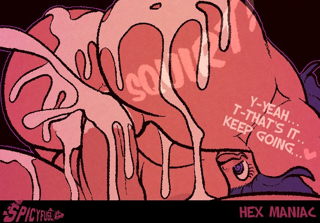 1boy, 1girls, ass, big ass, black background, breasts, cum, cum drip, cum in pussy, cum inside, cum on ass, cum on leg, cum on lower body, cum out pussy, dark background, english text, excessive cum, excessive cum covered, female, female focus, female penetrated, game freak, heart, hex maniac, large breasts, long hair, male, nintendo, nude, nude female, pokemon, pokemon xy, purple eyes, purple hair, pussy, sound effects, spicyfuse, straight, text, thighs, underboob, unseen male face, vaginal penetration, watermark