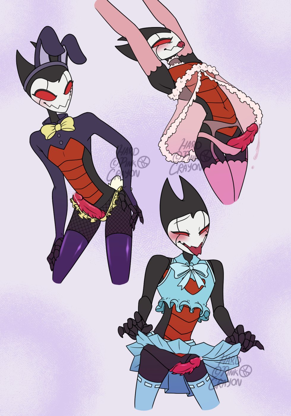 1boy, arms up, blush, bunny ears, bunnysuit, cock, crossdressing, dress, erect penis, erection, femboy, fishnets, gay, grimm (hollow knight), half-closed eyes, hardpinkcrayon, hollow knight, male, male only, penis, skirt, skirt lift, smile, smiling, solo, solo focus, solo male, thighhighs, thighs, tongue, tongue out