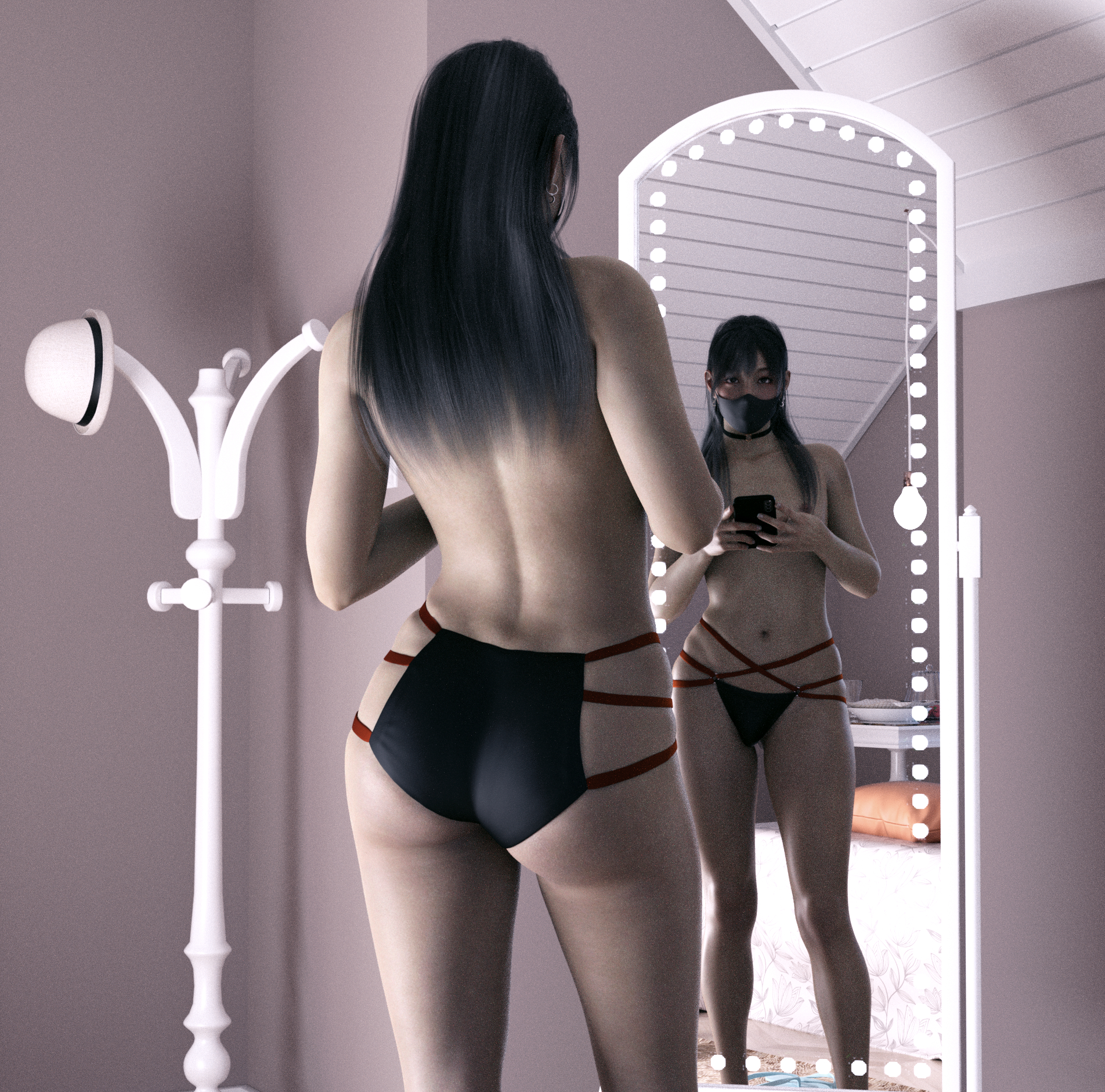 3d, 3d (artwork), androgynous, asian, asian male, ass, back view, belly, belly button, black hair, bubble ass, bubble butt, daz studio, femboy, feminine male, flat chest, girly, large ass, long hair, male, mask, otoko no ko, panties, small waist, surumeika, wide hips