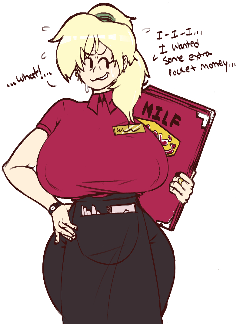 1girls big_ass big_breasts black_skirt blonde_hair breasts_bigger_than_head clothed clothing curvy denny's hand_on_hip hips honeyboyy looking_to_the_side milf milf_dennys mob_face ponytail public red_shirt restaurant skirt sweating text uniform white_background