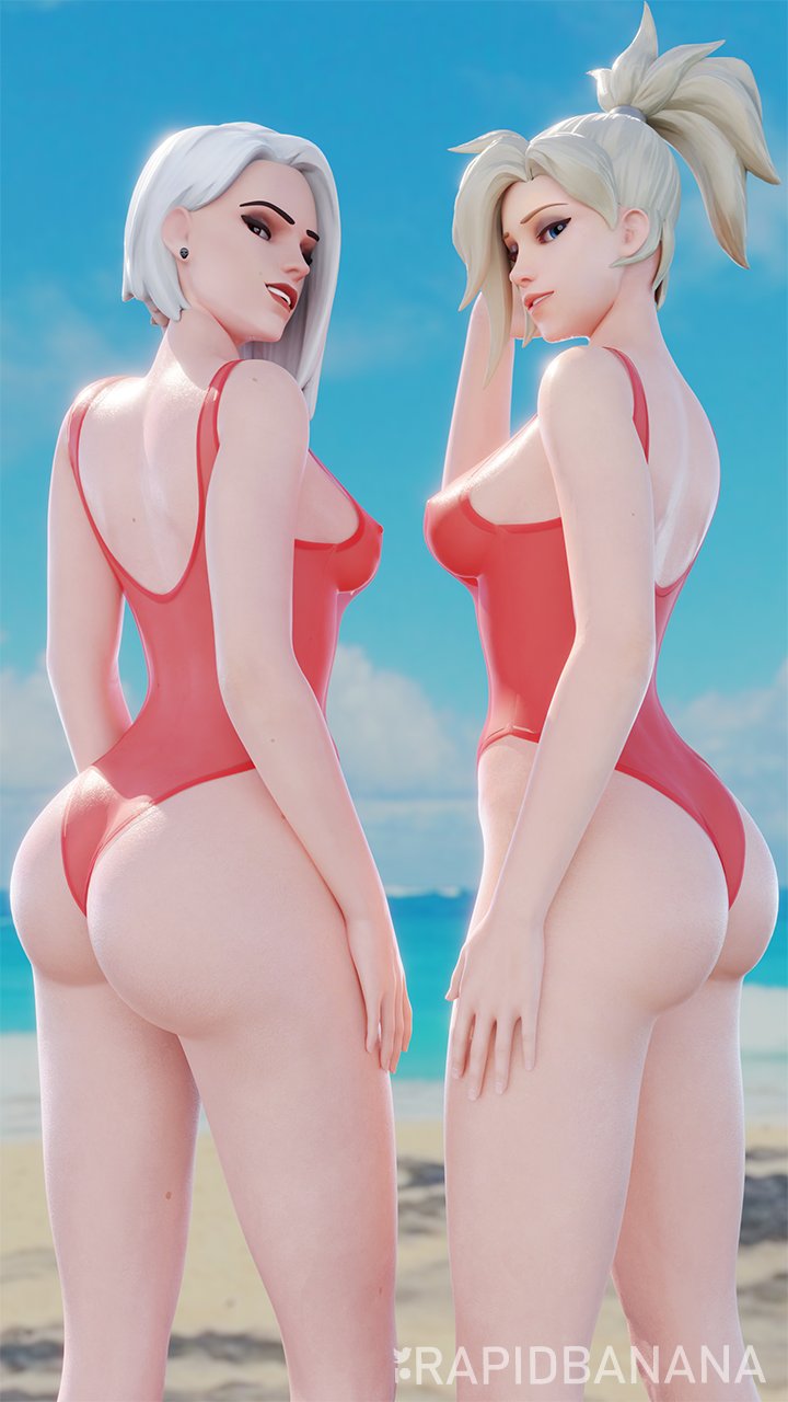 2girls, 3d, angela ziegler, ashe (overwatch), beach, biting lip, blizzard entertainment, blonde hair, earrings, exposed ass, female, leotard, lifeguard, lifeguard mercy, looking at viewer, lowres, mercy, one-piece swimsuit, overwatch, rapid banana, translucent clothing