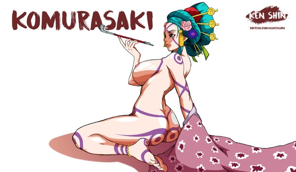 1girls ankle_bracelet disguised female female_only green_hair hair_ribbon kenshin kiseru komurasaki kozuki_hiyori oiran one_piece prostitute smoking smoking_pipe tattoos