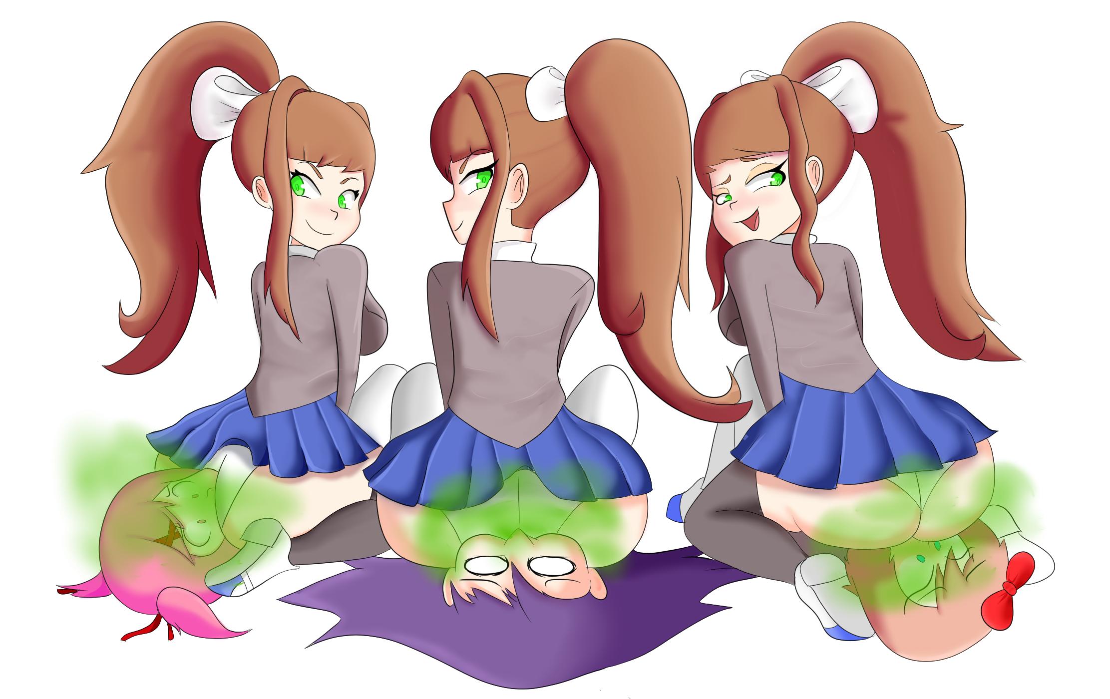 4girls, ass, ass on face, big ass, big butt, black thighhighs, blue eyes, blush, bow, brap, brown hair, doki doki literature club, facesitting, fart, fart cloud, fart fetish, farting, farting in face, female, green eyes, looking back, monika (doki doki literature club), multiple females, multiple girls, natsuki (doki doki literature club), panties, pink eyes, pink hair, ponytail, protorepulsive, purple hair, repulsiveproto, sayori (doki doki literature club), school uniform, short hair, skirt, smile, thick thighs, thighhighs, white background, white panties, yuri, yuri (doki doki literature club)