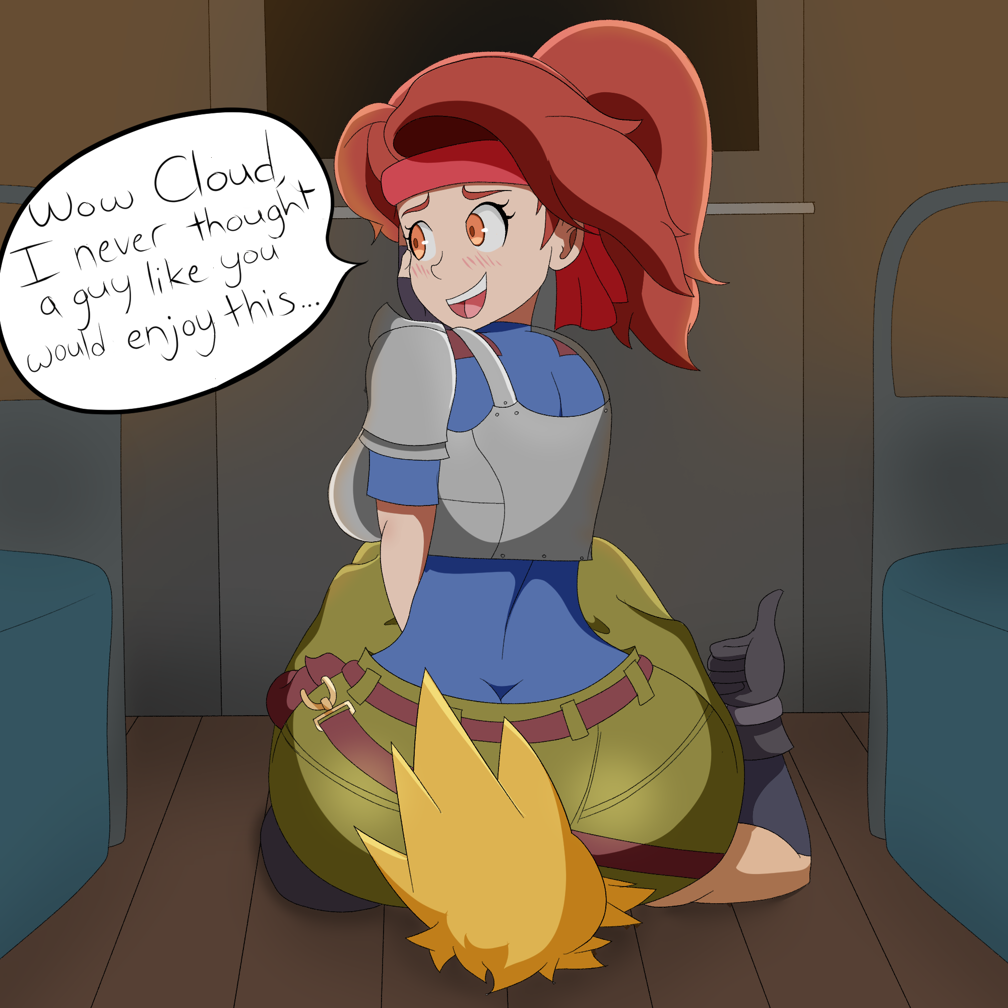 1boy, 1girls, ass, ass cleavage, ass crack, ass on face, big ass, big butt, blush, brown hair, butt crack, cloud strife, facesitting, female, final fantasy, final fantasy vii, jessie rasberry, male, open mouth, orange eyes, ponytail, protorepulsive, repulsiveproto, smile, square enix, text, text bubble, thumbs up