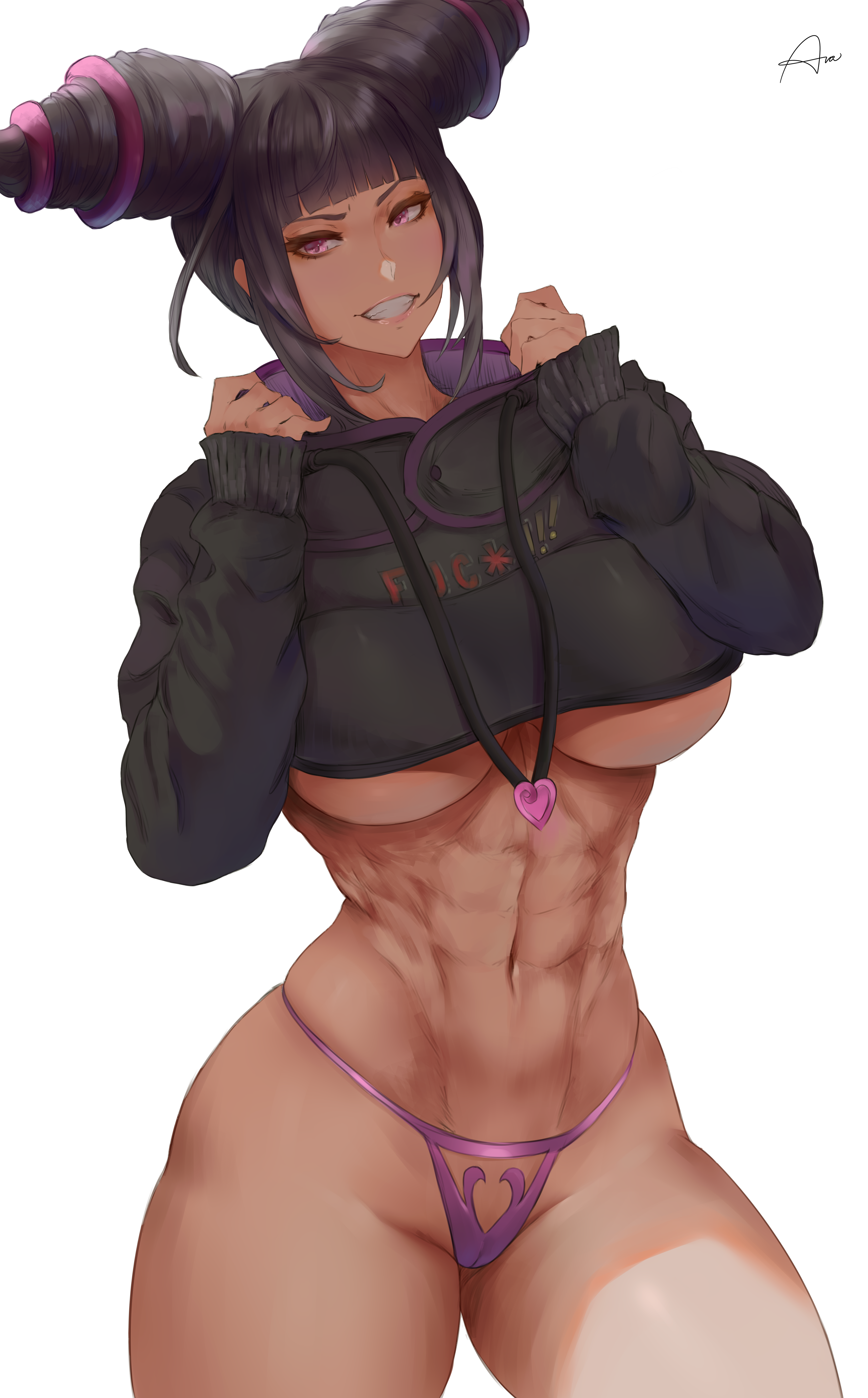 1girls, 2021, abs, araneesama, artist signature, black clothing, black hair, breasts, capcom, cropped hoodie, cutesexyrobutts (style), female, female only, fit, fit female, hi res, hips, hoodie, huge breasts, juri han, panties, purple eyes, purple panties, simple background, slim waist, smile, solo, street fighter, thick thighs, thighs, toned, toned female, twin drills, underboob, white background, wide hips