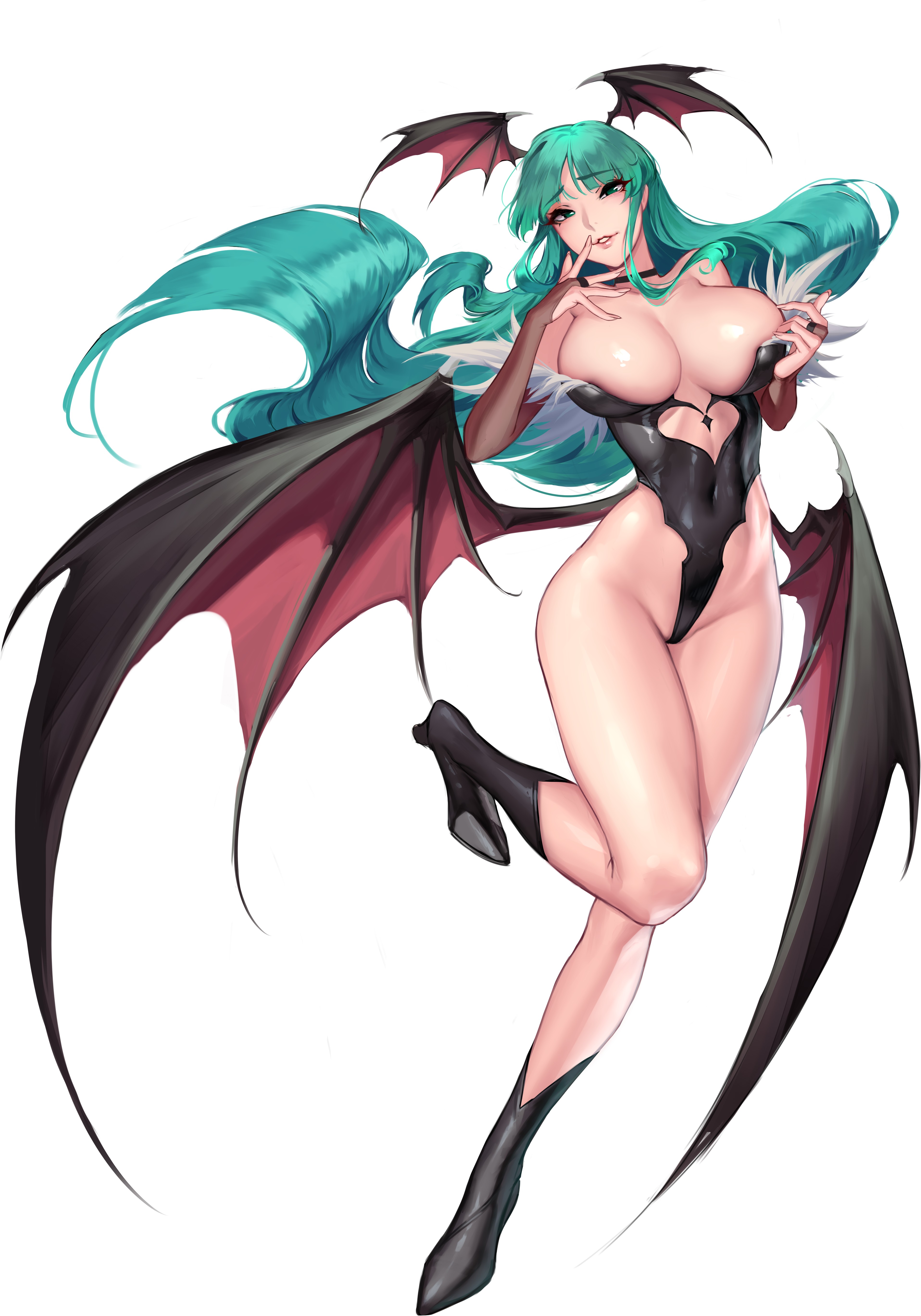 1girls, 4 wings, arched back, arm up, arms behind head, bangs, bare legs, bare shoulders, bare thighs, blue hair, breasts, cianyo, cleavage, clothing, darkstalkers, demon, demon girl, demon wings, female, female focus, female only, front view, green eyes, hand on breast, hand on head, head wings, heart cutout, highleg leotard, inner sideboob, large breasts, leotard, long gloves, long hair, looking at viewer, looking down, midriff, morrigan aensland, multi wing, navel line, no bra, overflowing breasts, revealing clothes, sideboob, simple background, skimpy, skimpy clothes, sole female, solo, solo female, solo focus, succubus, tagme, toned, toned female, vampire, vampire (game), white background, wings